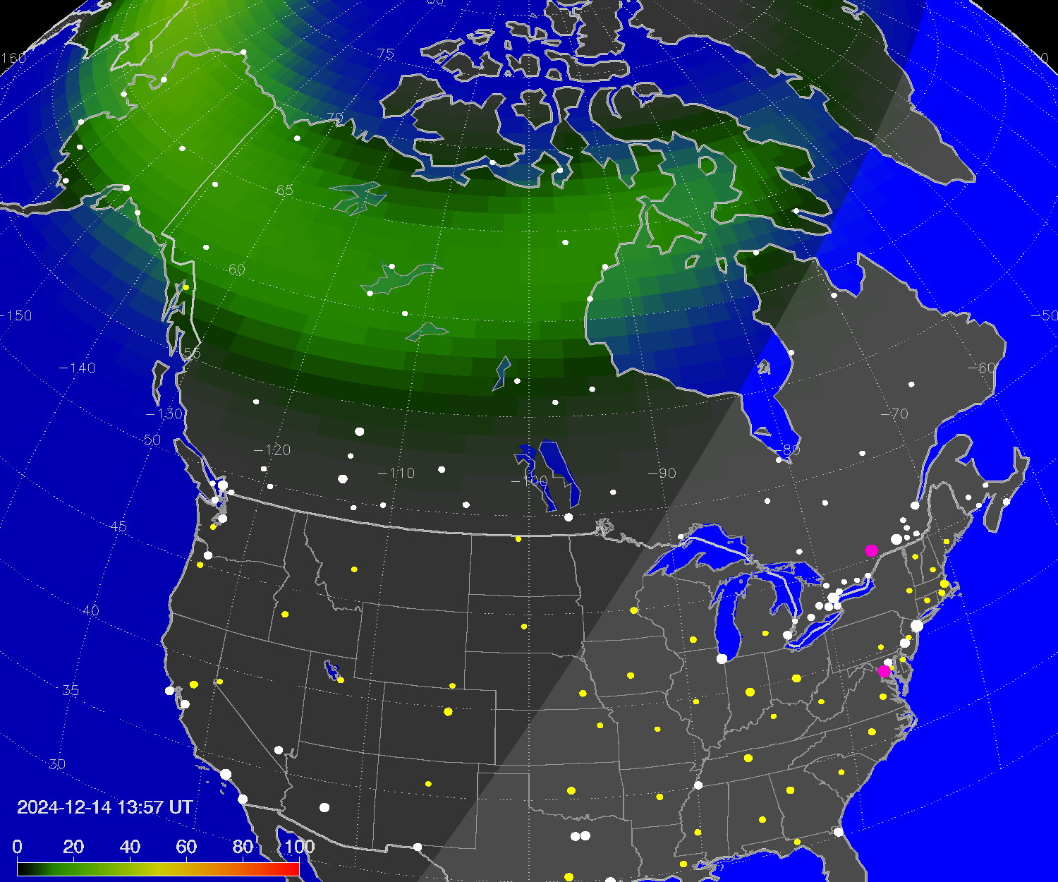 Northern lights (auroras) over North America