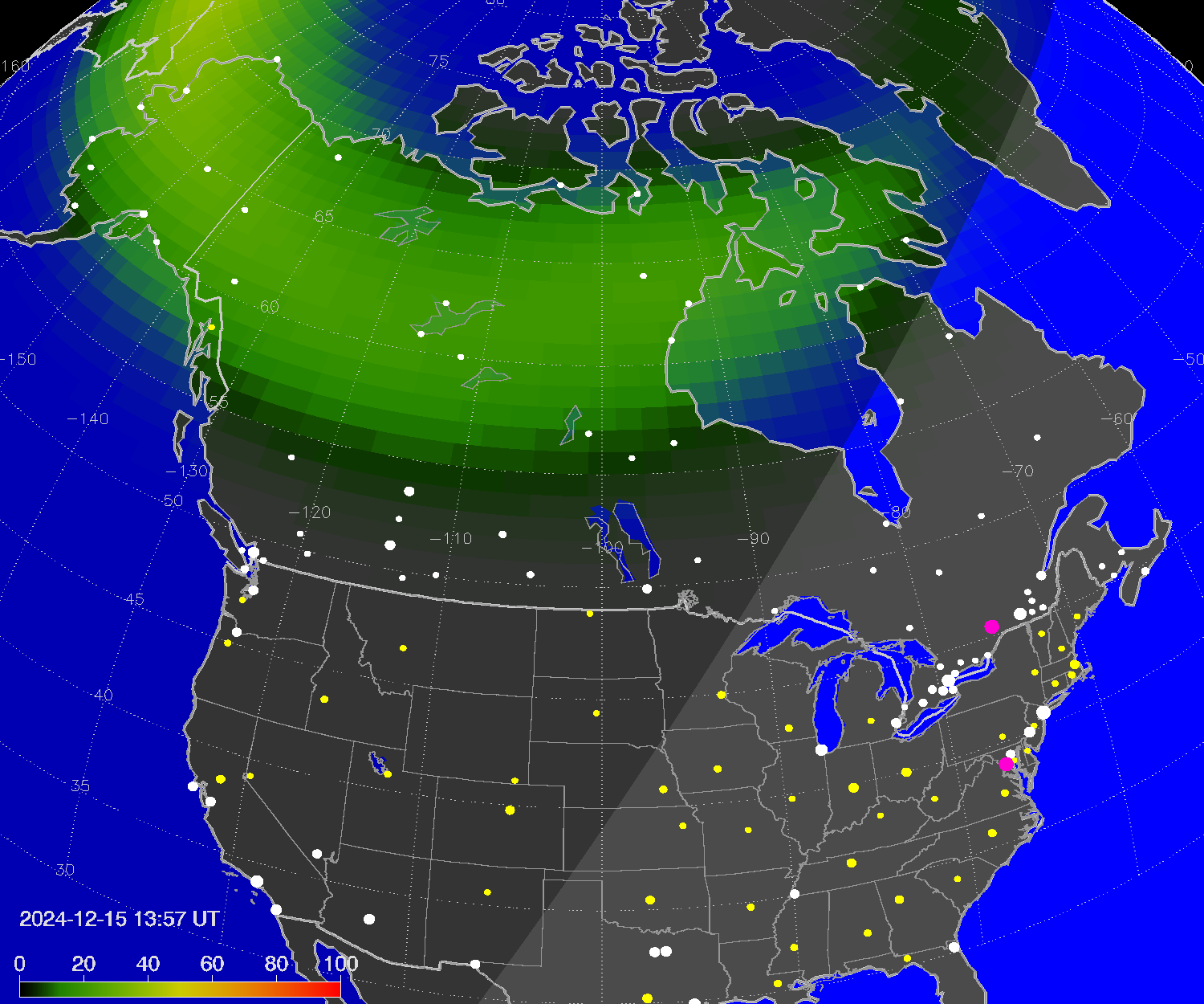 Northern lights (auroras) over North America