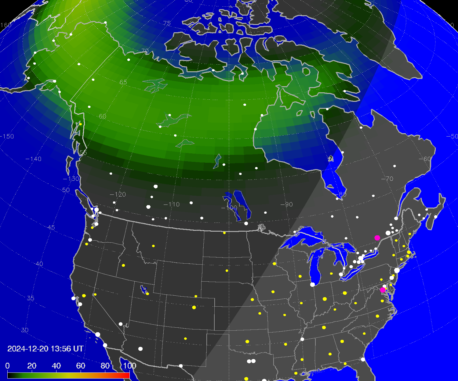 Northern lights (auroras) over North America