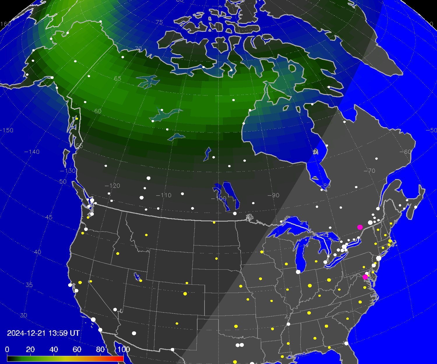 Northern lights (auroras) over North America