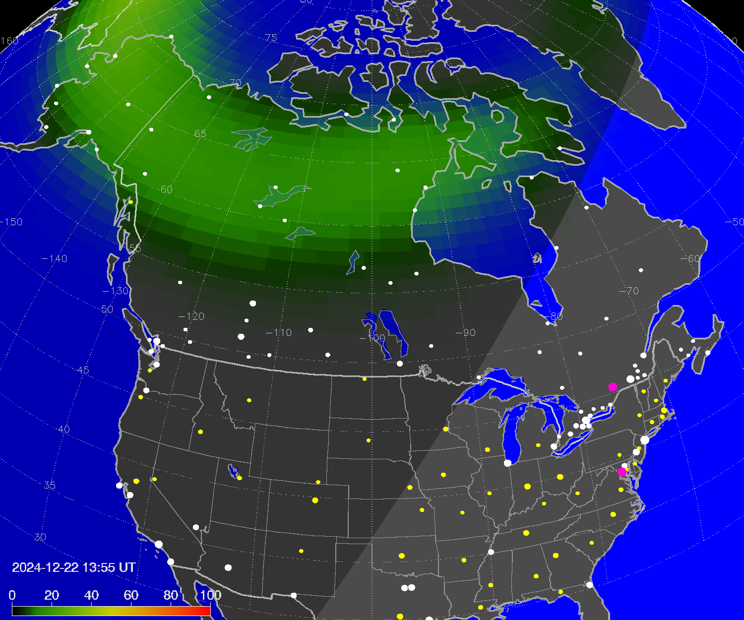 Northern lights (auroras) over North America