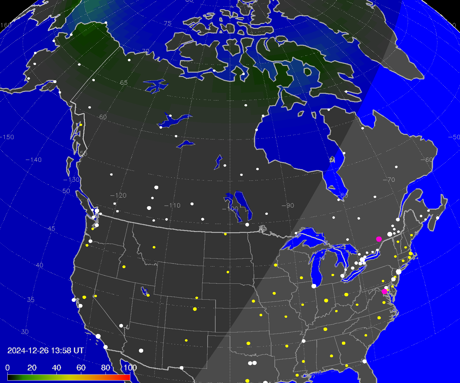 Northern lights (auroras) over North America