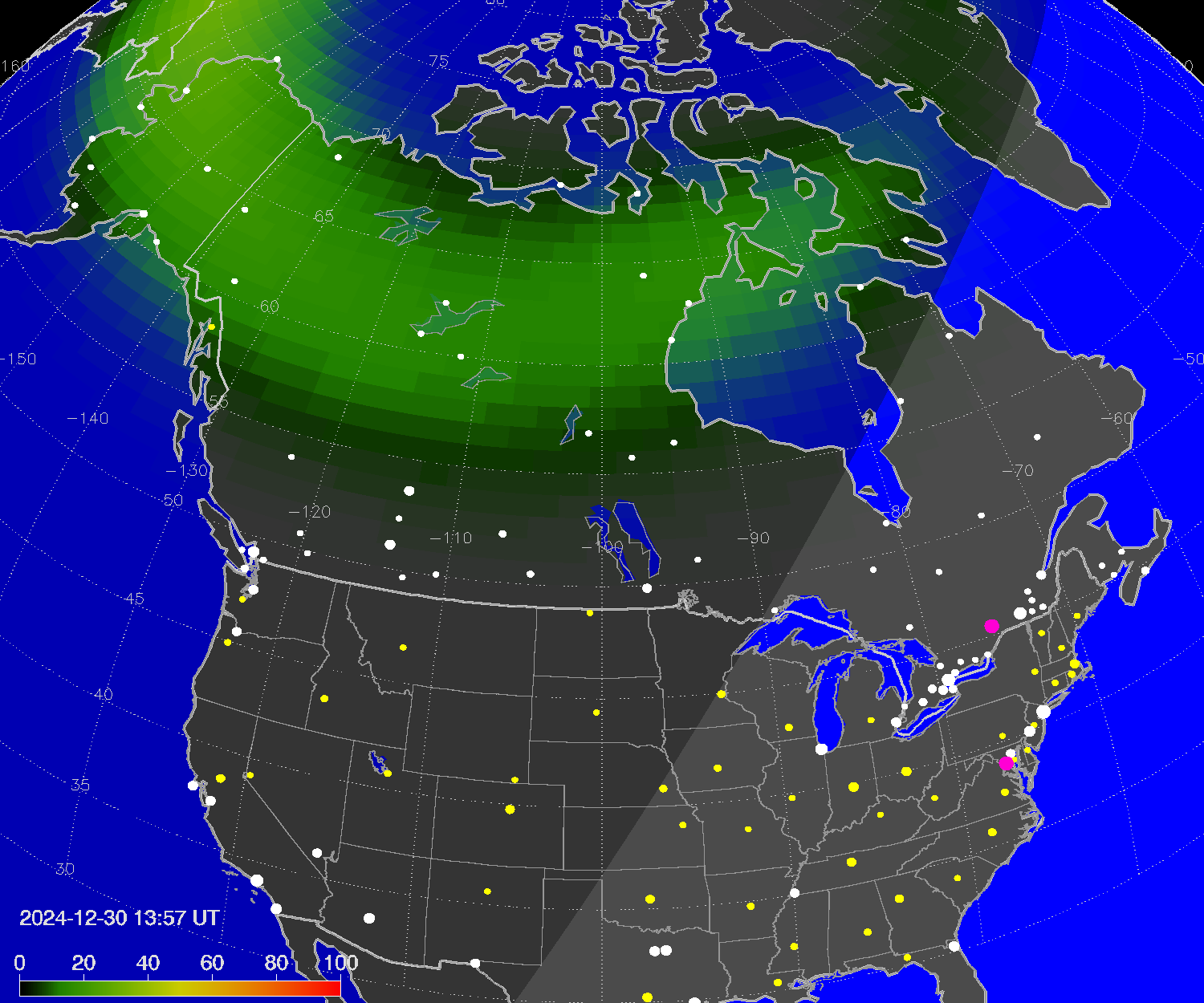 Northern lights (auroras) over North America