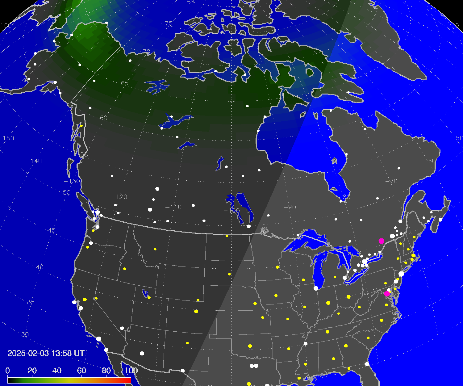 Northern lights (auroras) over North America
