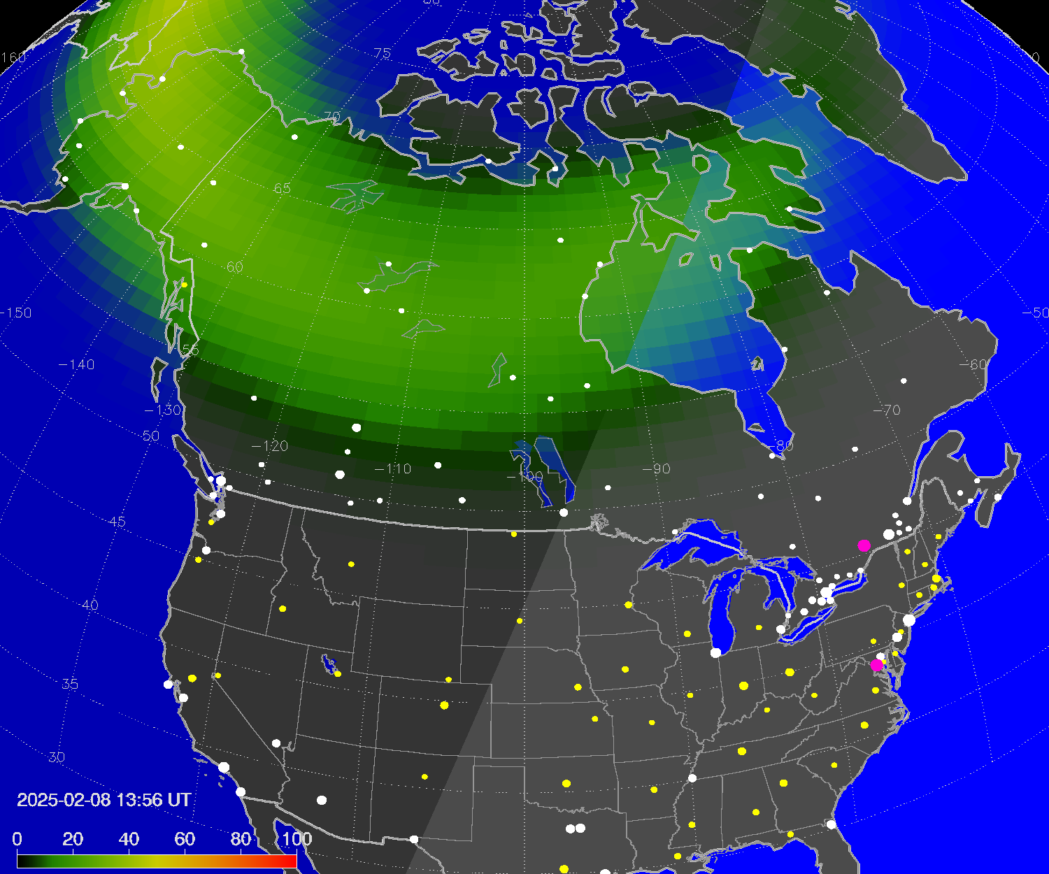 Northern lights (auroras) over North America