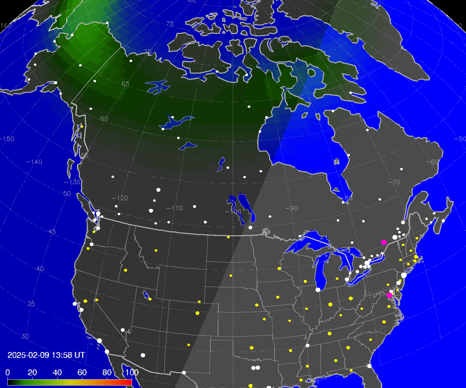 Northern lights (auroras) over North America