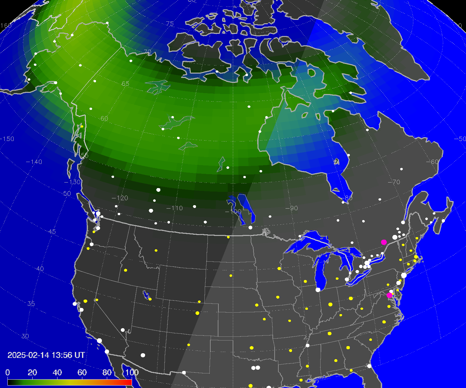 Northern lights (auroras) over North America