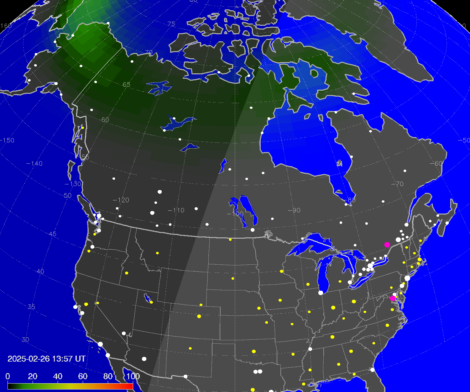 Northern lights (auroras) over North America