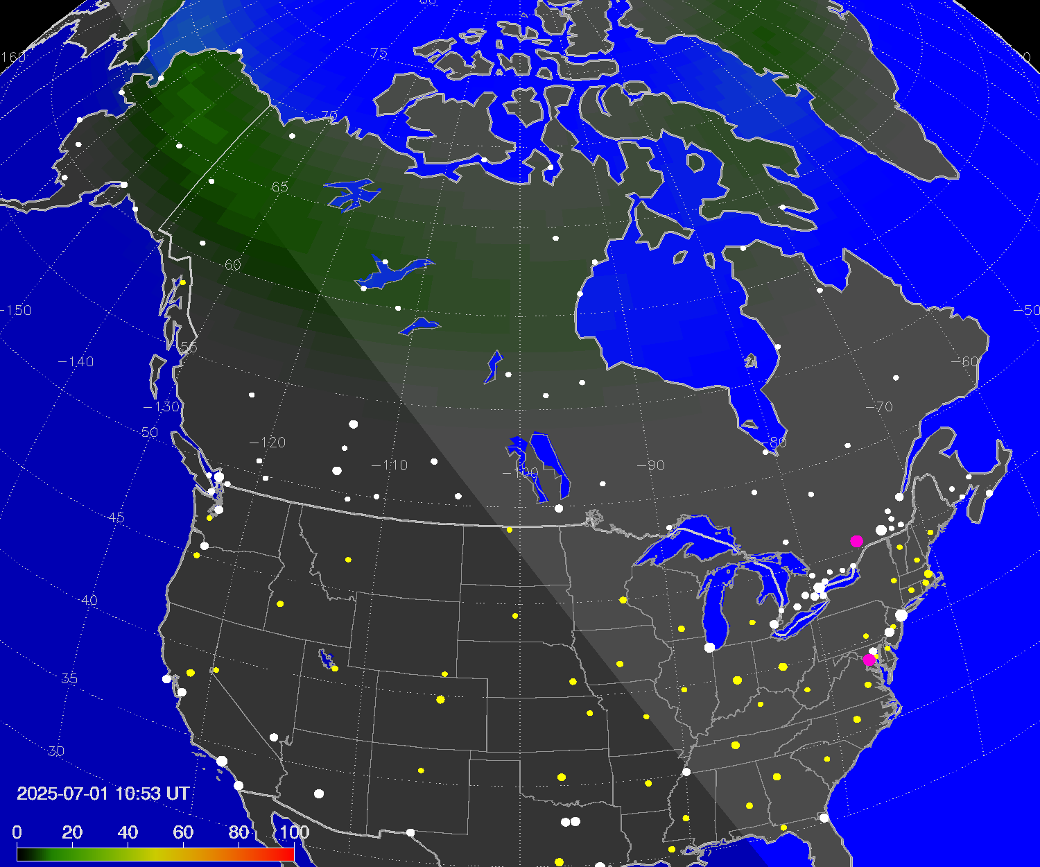 Northern lights (auroras) over North America