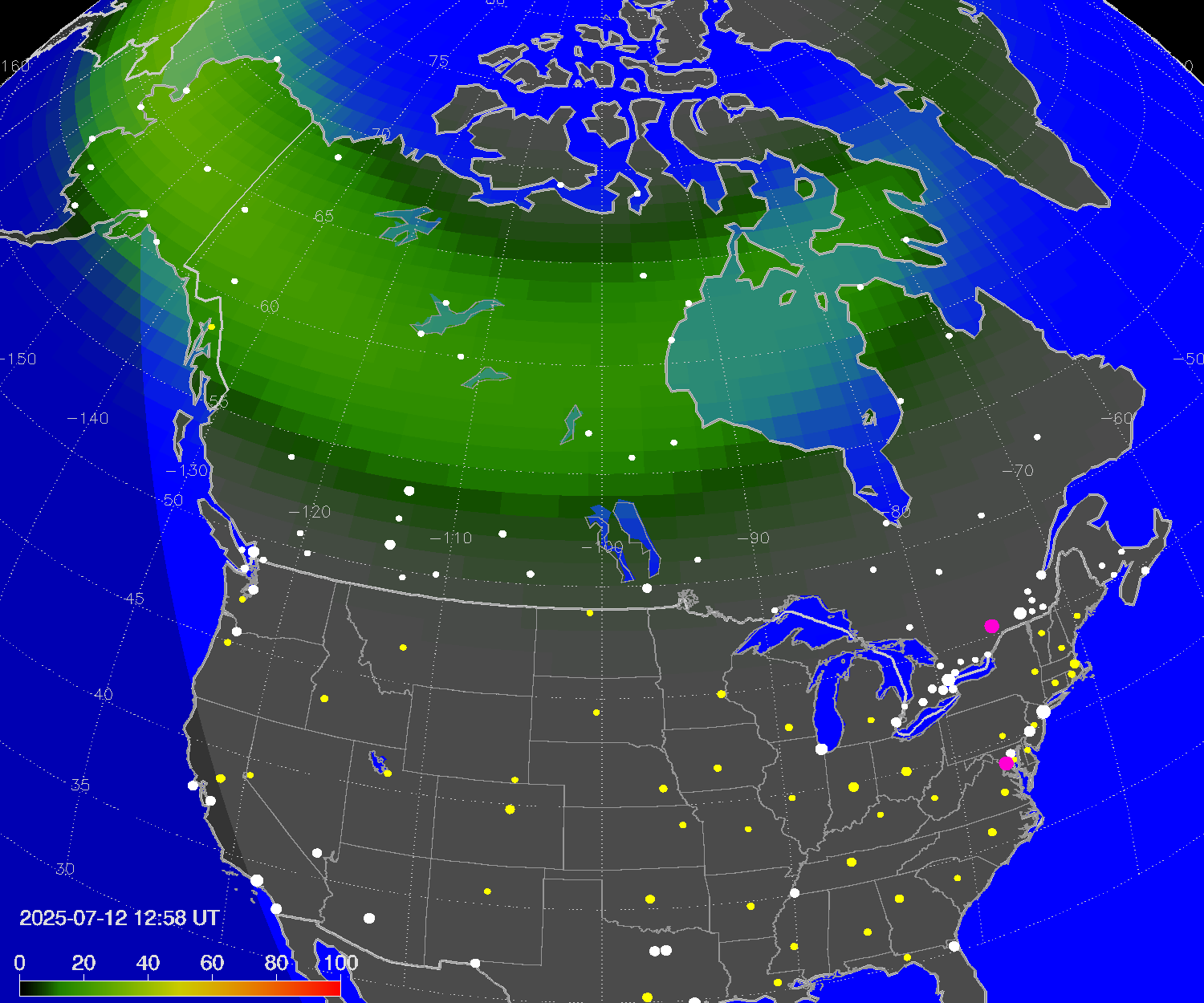 Northern lights (auroras) over North America
