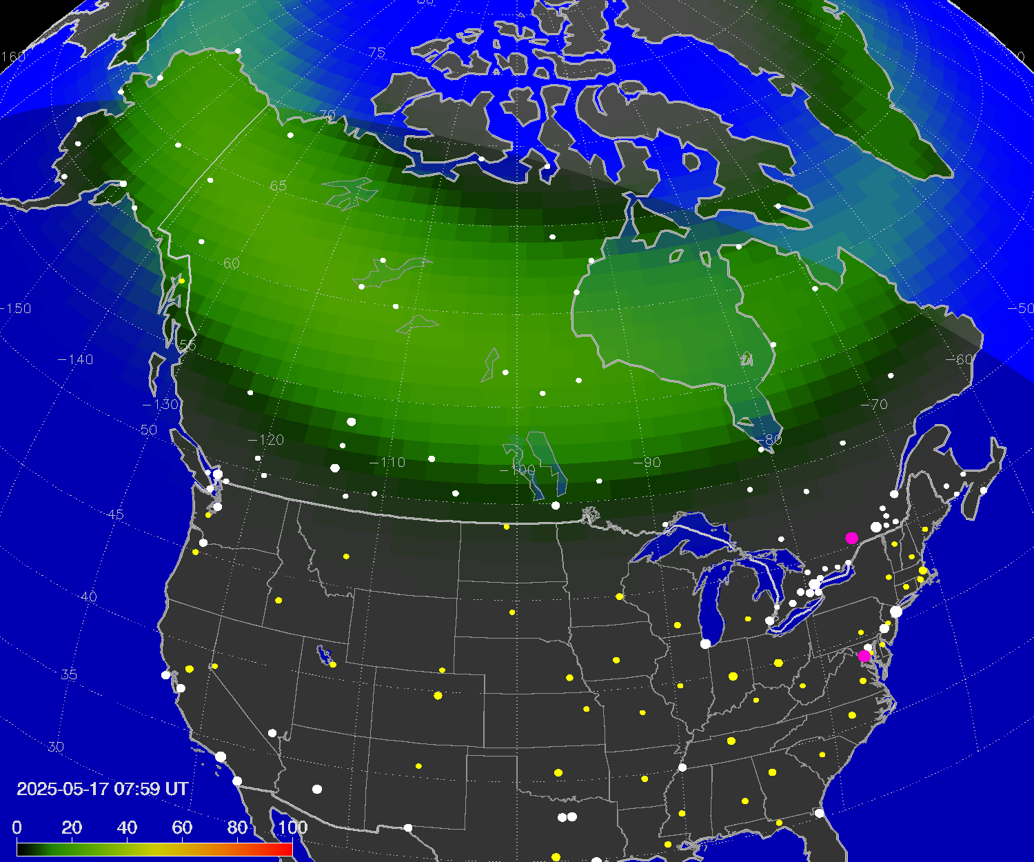 Northern lights (auroras) over North America