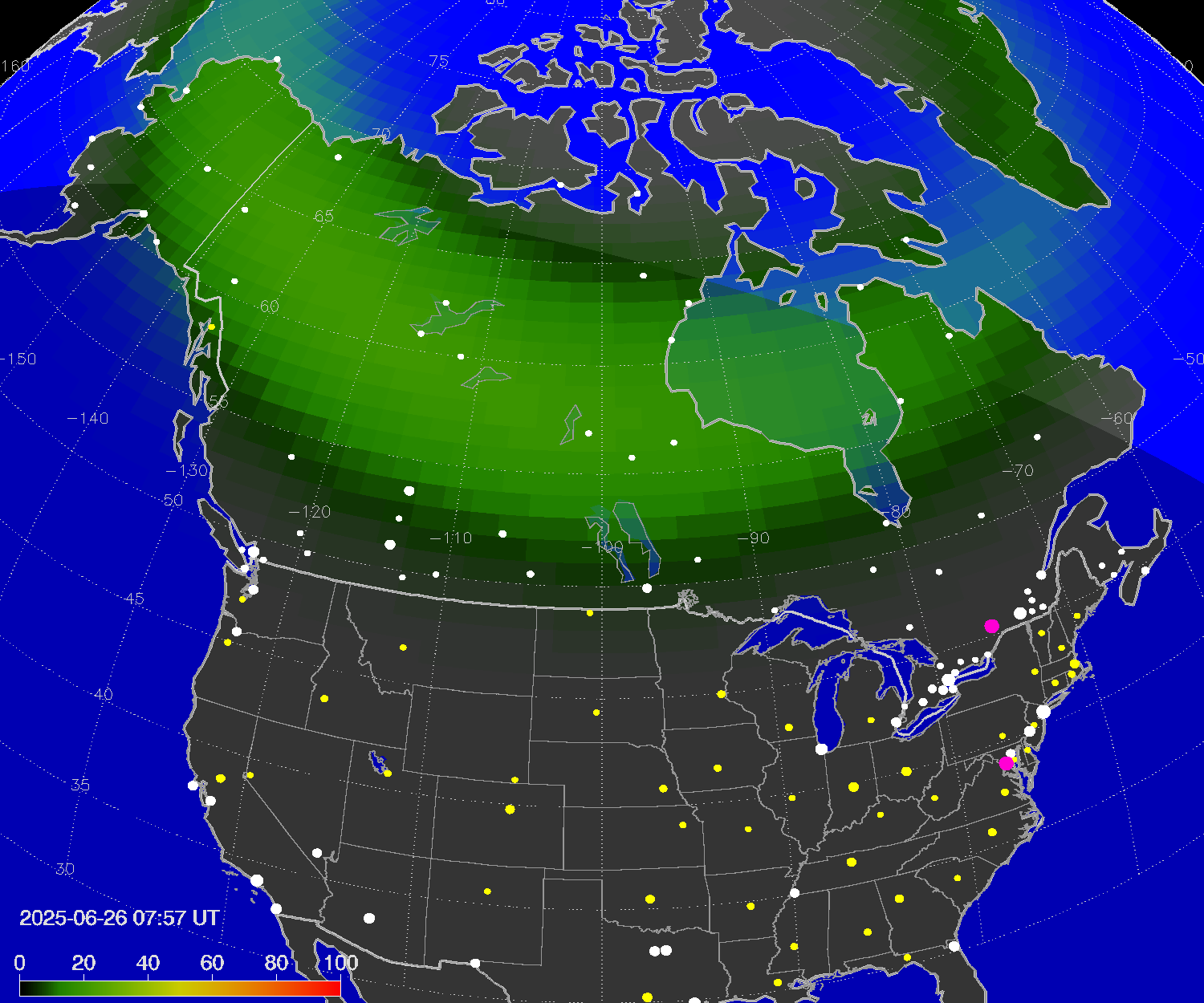 Northern lights (auroras) over North America