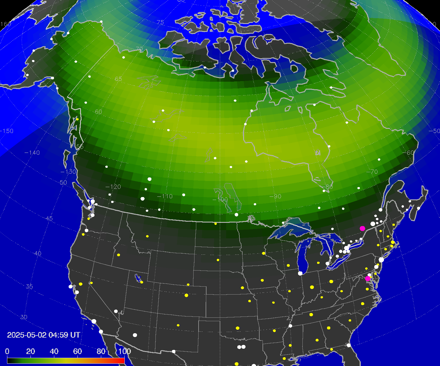 Northern lights (auroras) over North America