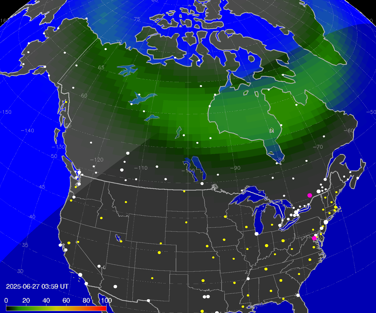 Northern lights (auroras) over North America