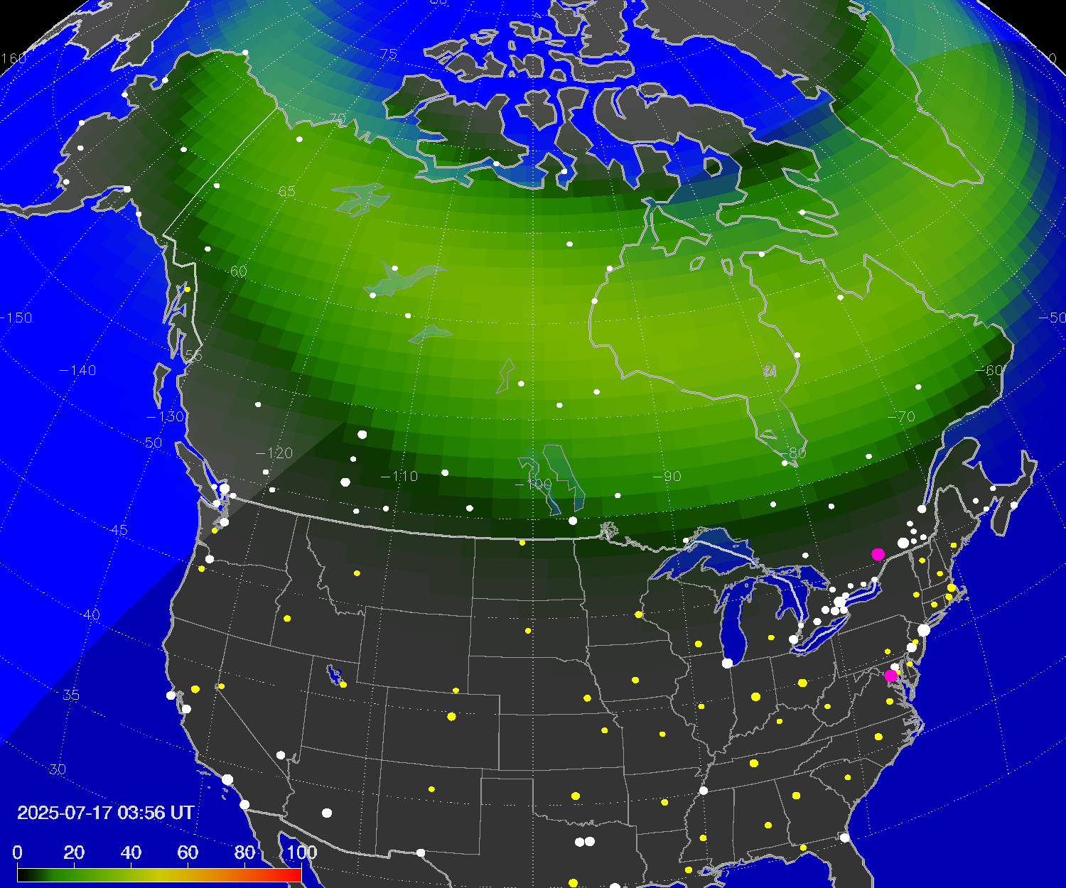 Northern lights (auroras) over North America