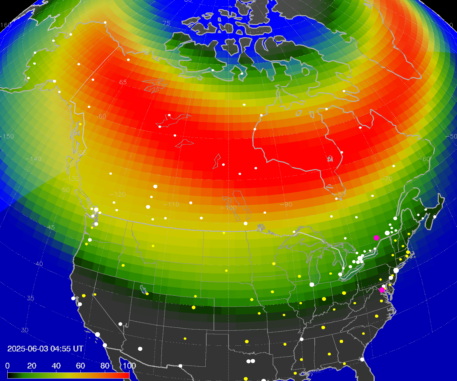 Northern lights (auroras) over North America