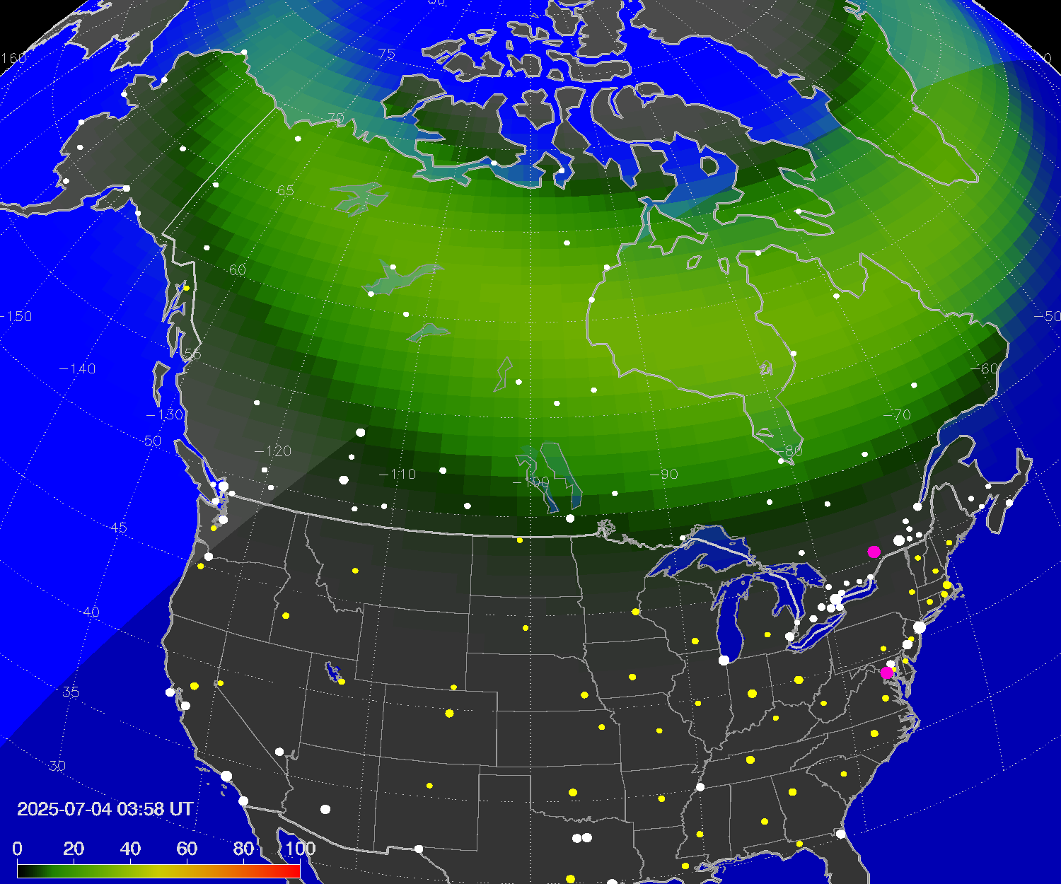 Northern lights (auroras) over North America