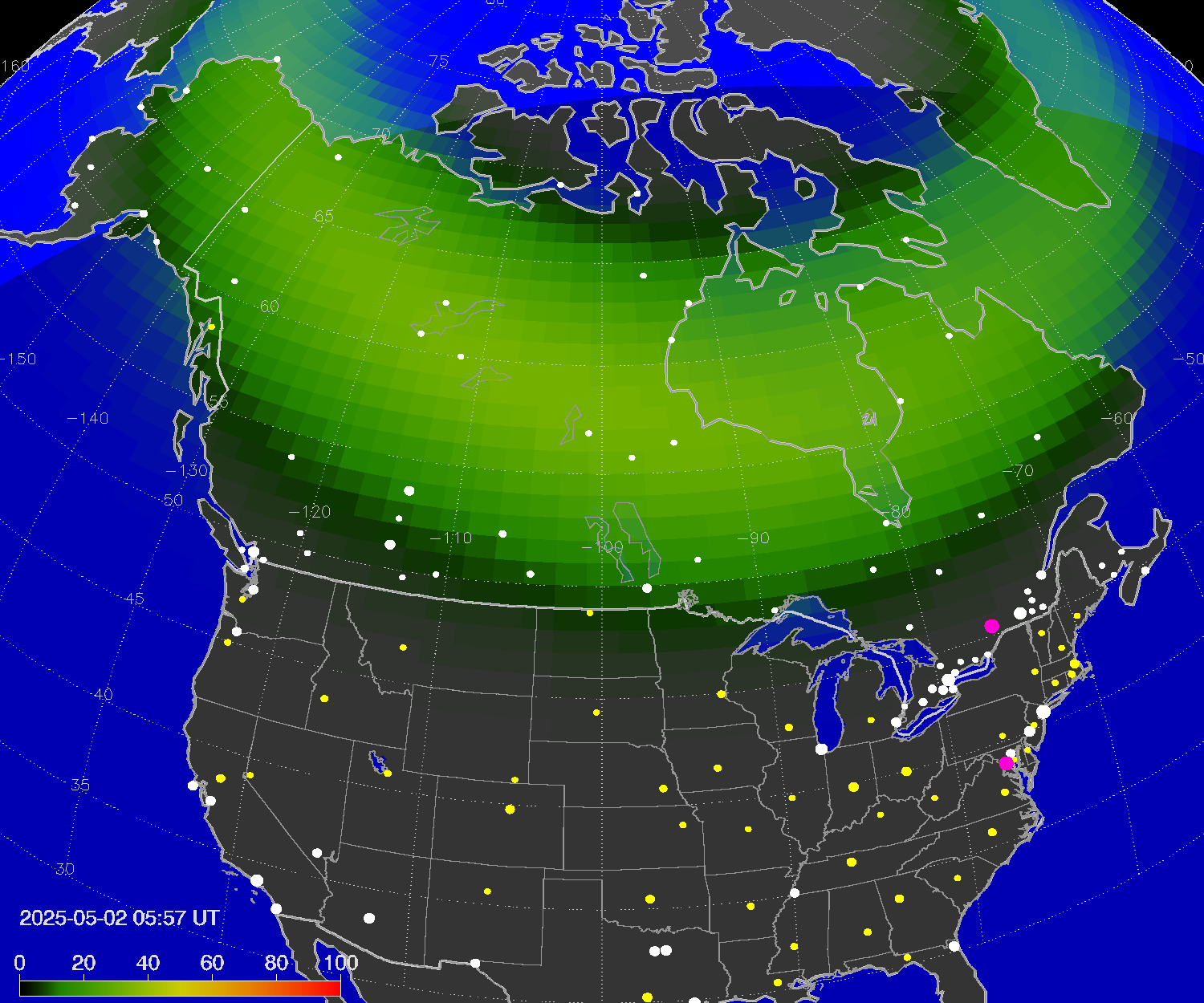 Northern lights (auroras) over North America