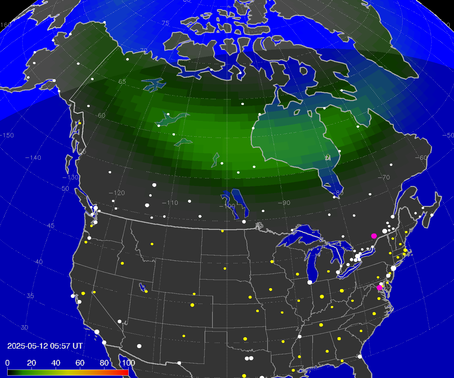 Northern lights (auroras) over North America