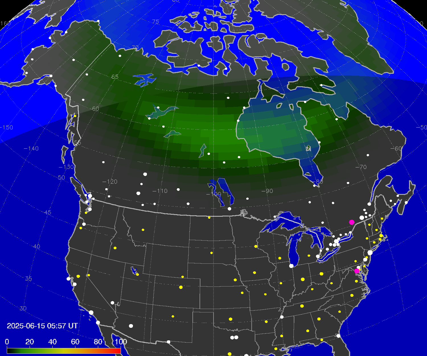 Northern lights (auroras) over North America