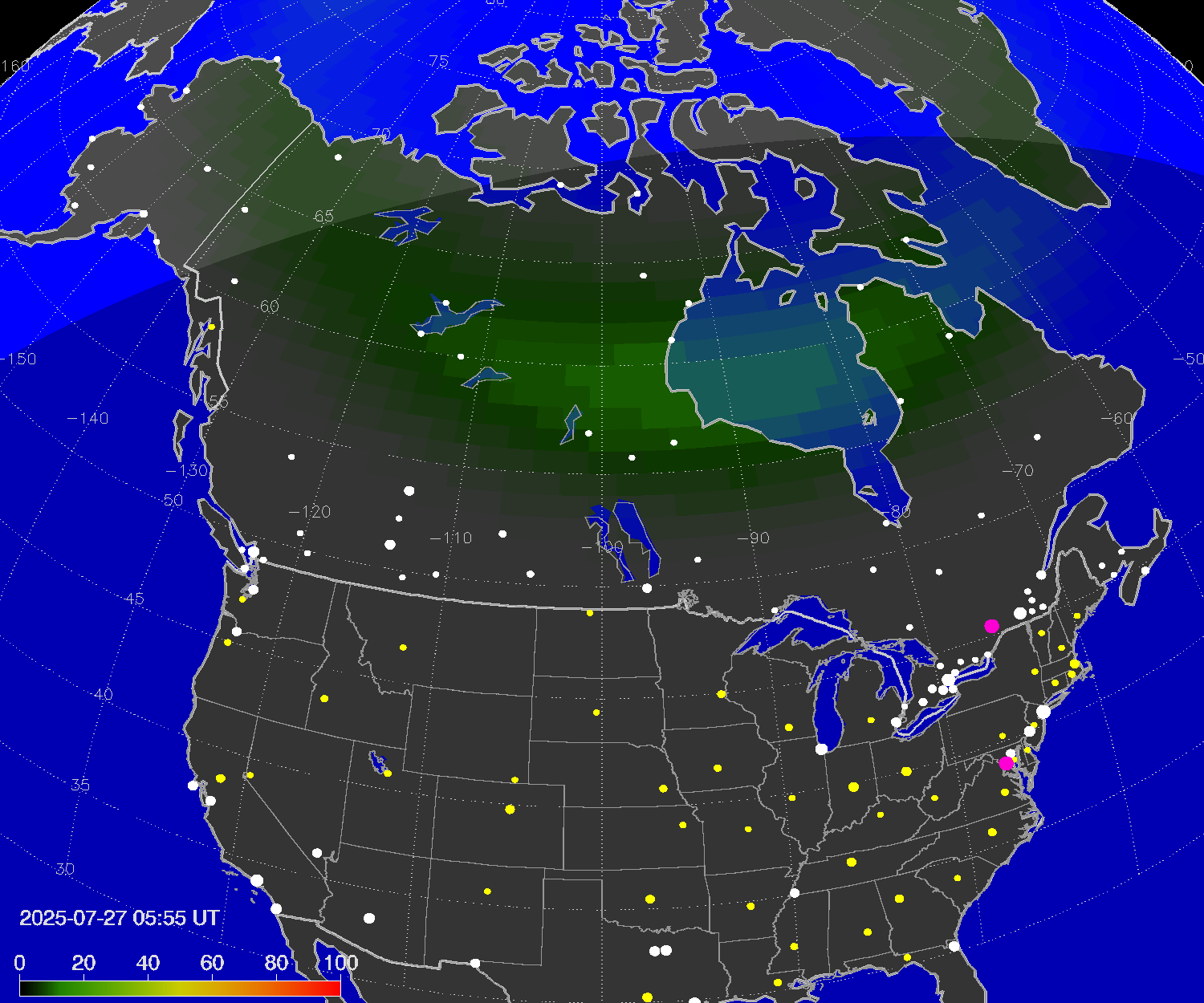 Northern lights (auroras) over North America
