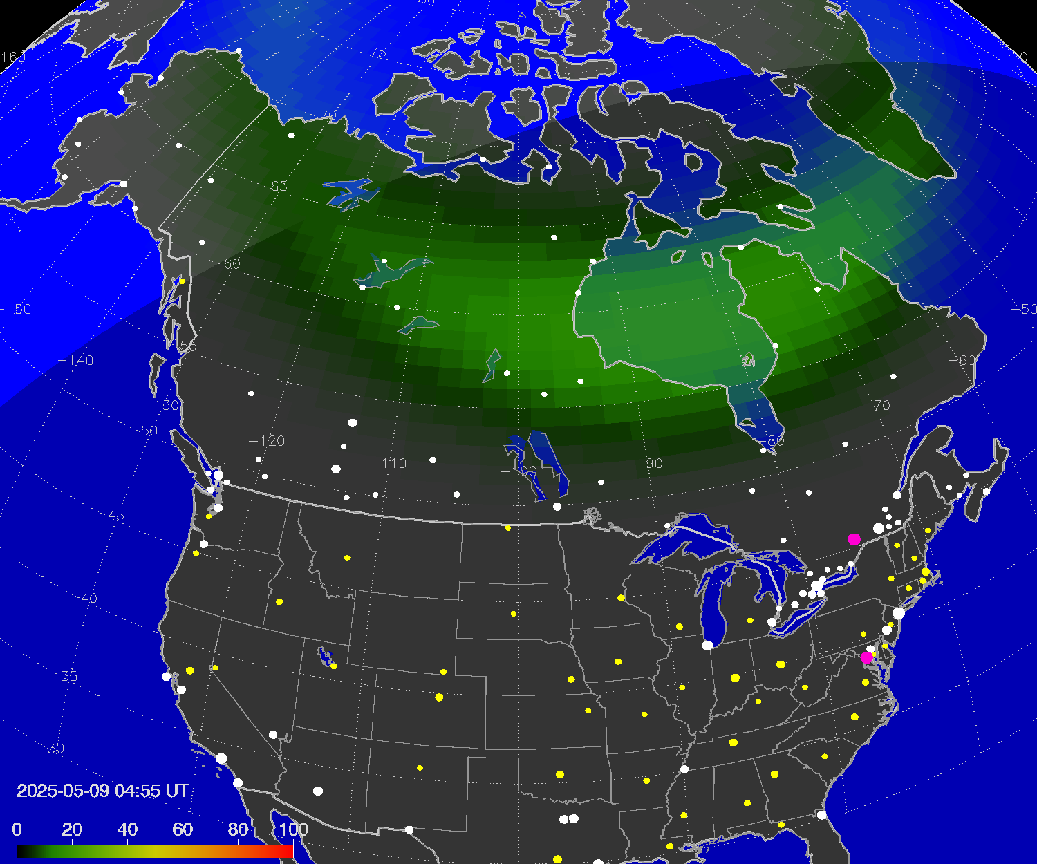 Northern lights (auroras) over North America