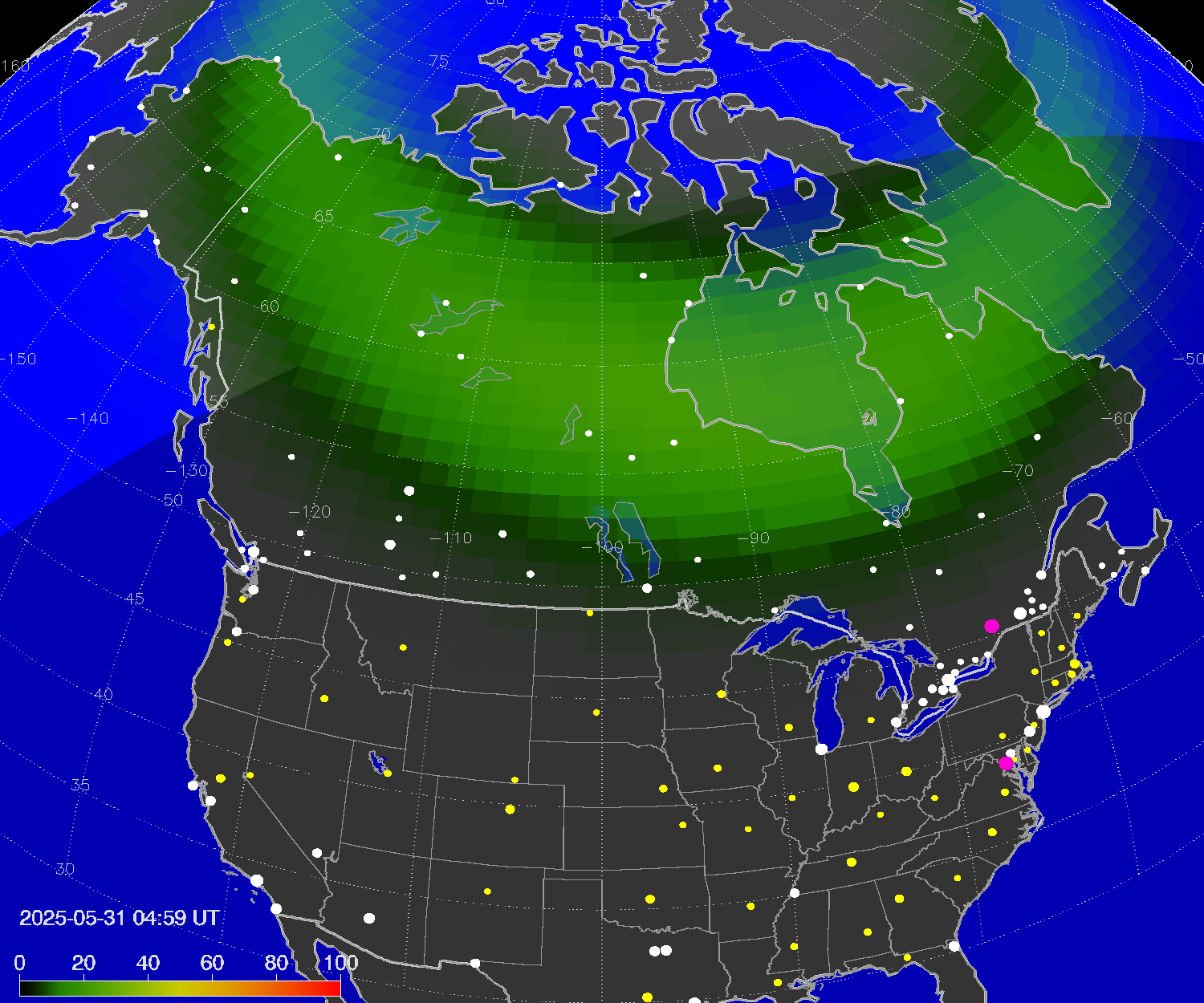 Northern lights (auroras) over North America