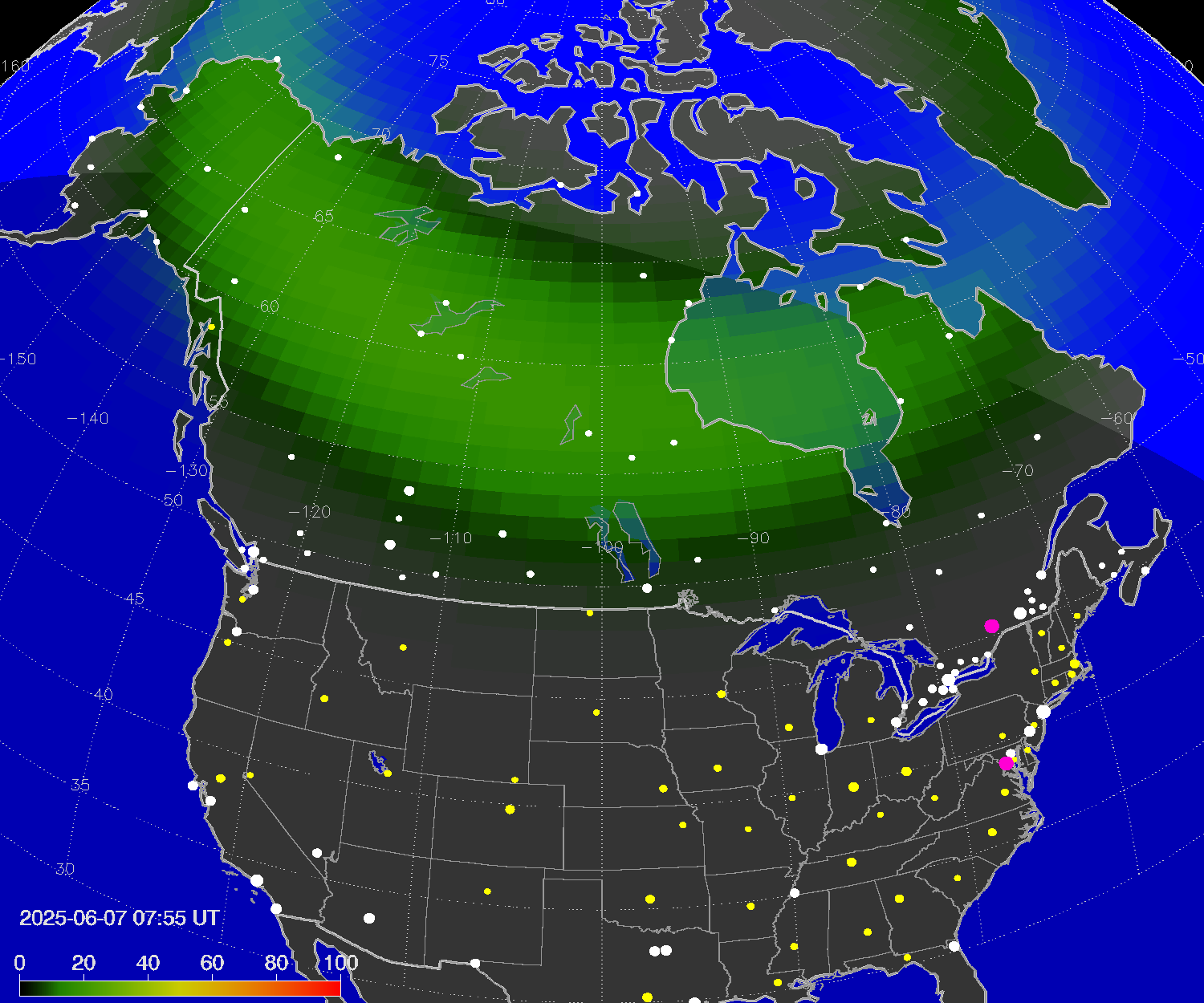Northern lights (auroras) over North America