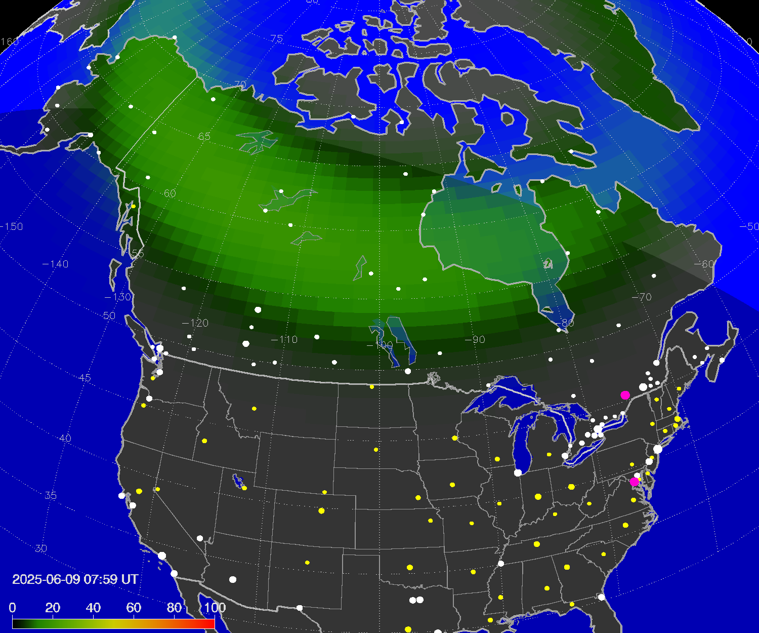 Northern lights (auroras) over North America