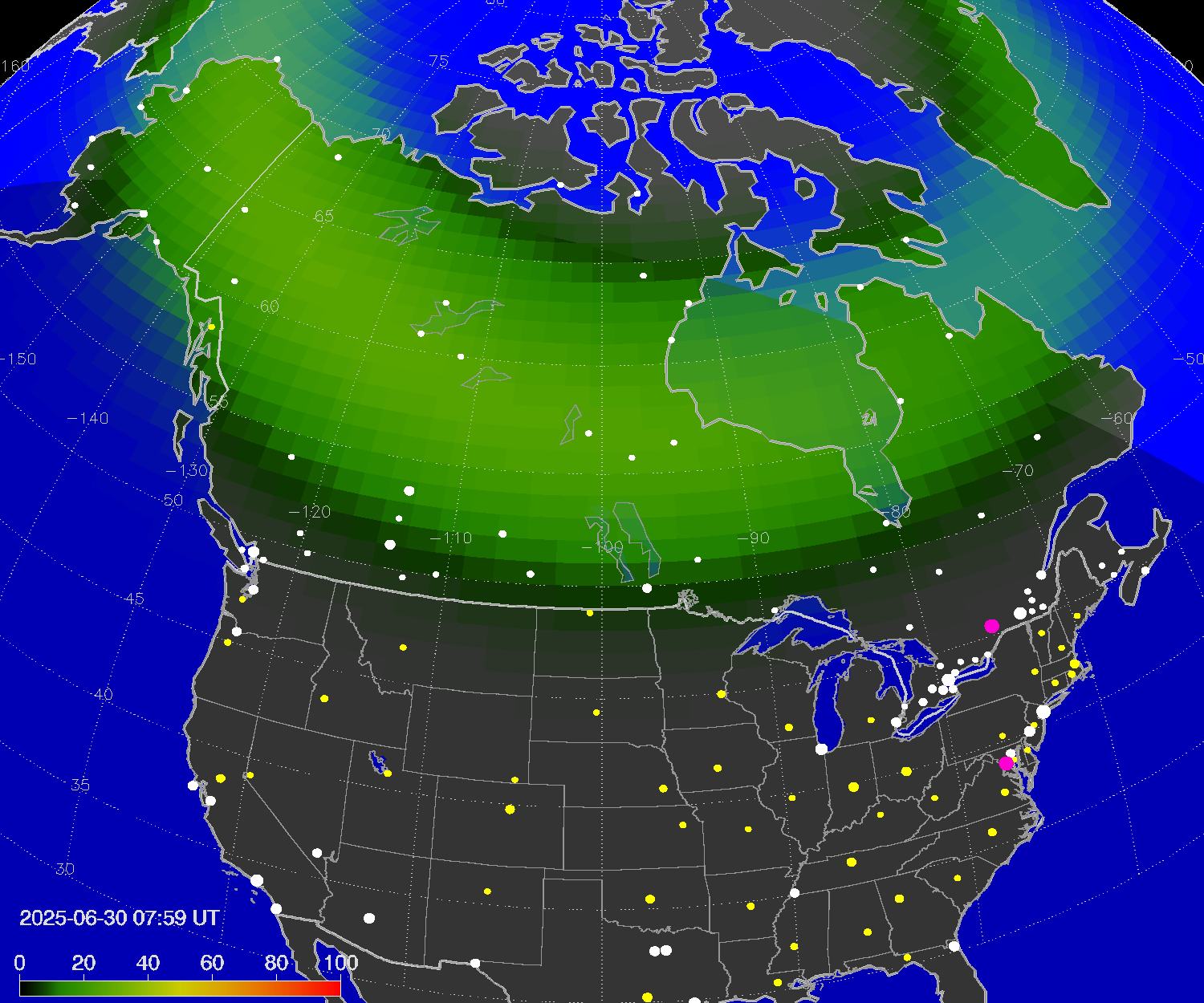Northern lights (auroras) over North America