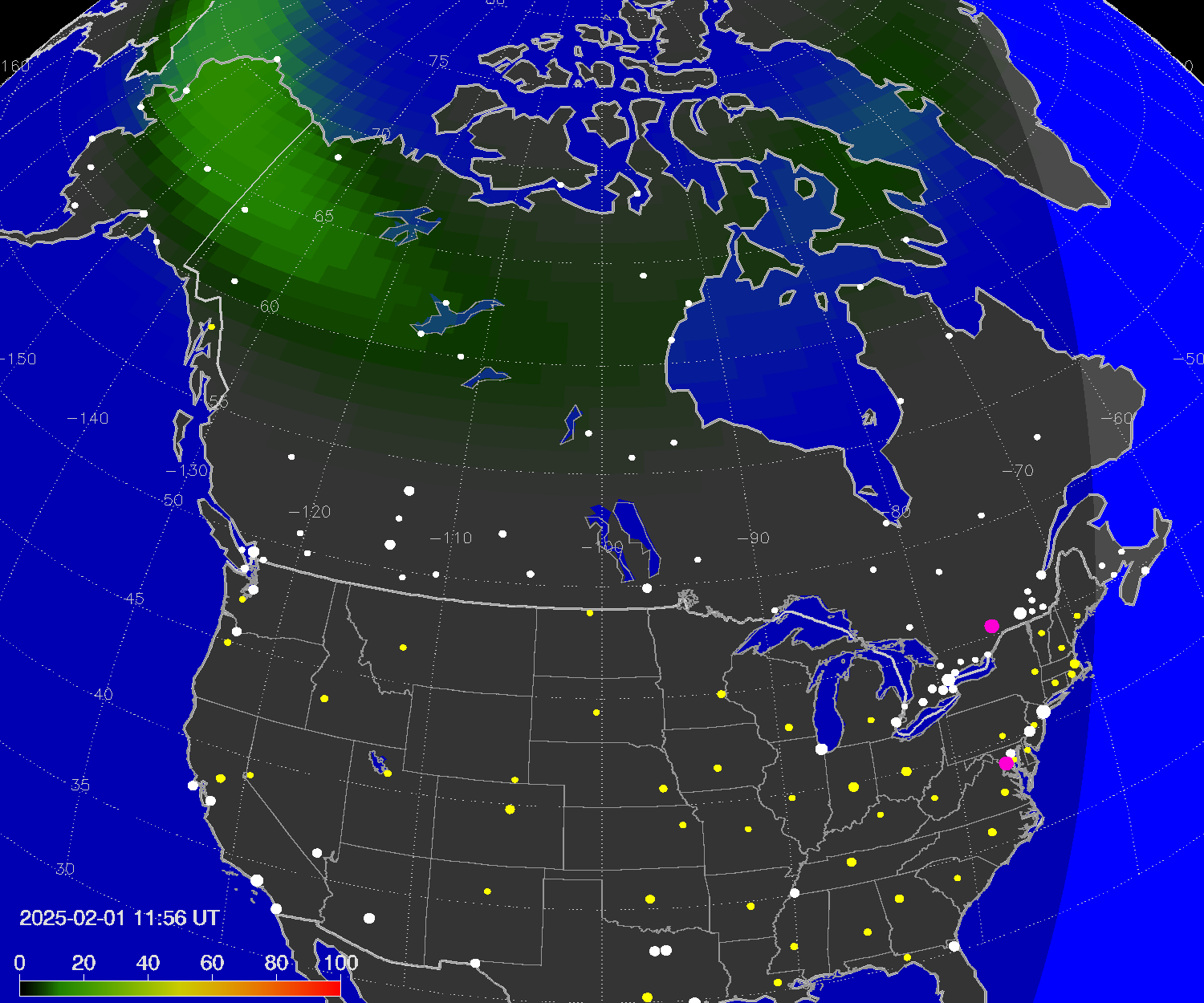 Northern lights (auroras) over North America