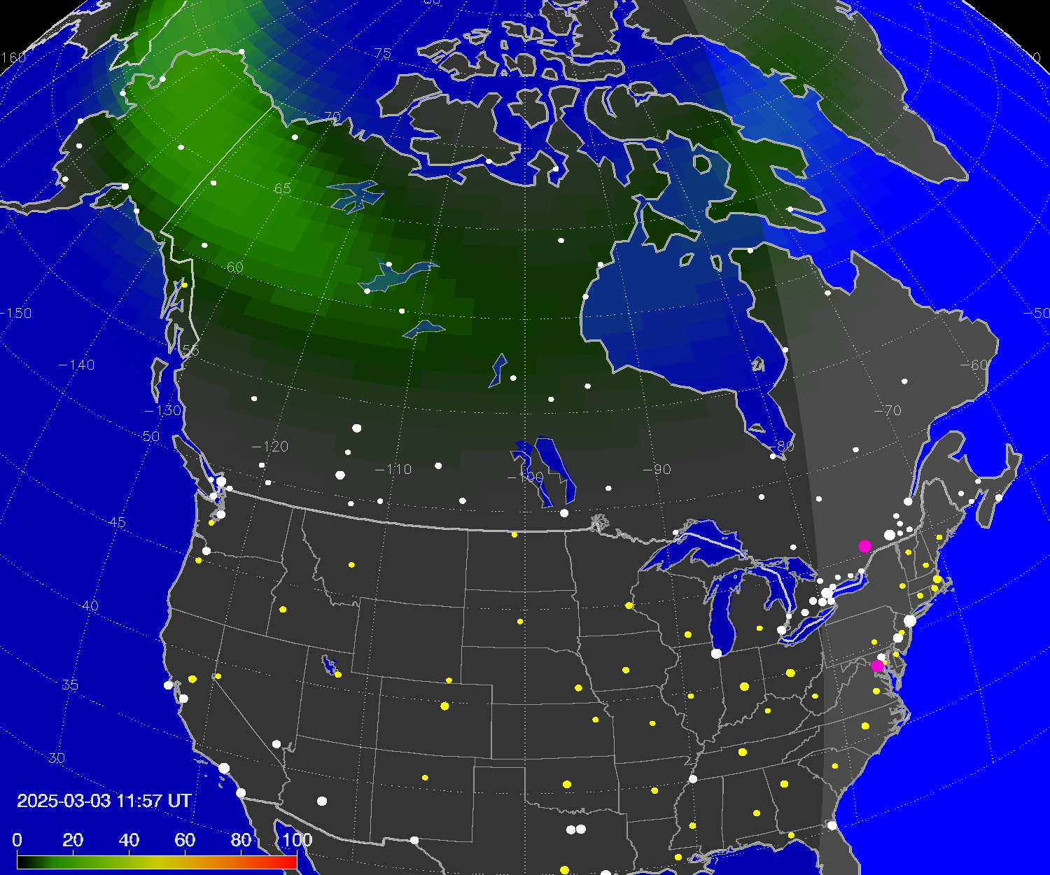 Northern lights (auroras) over North America