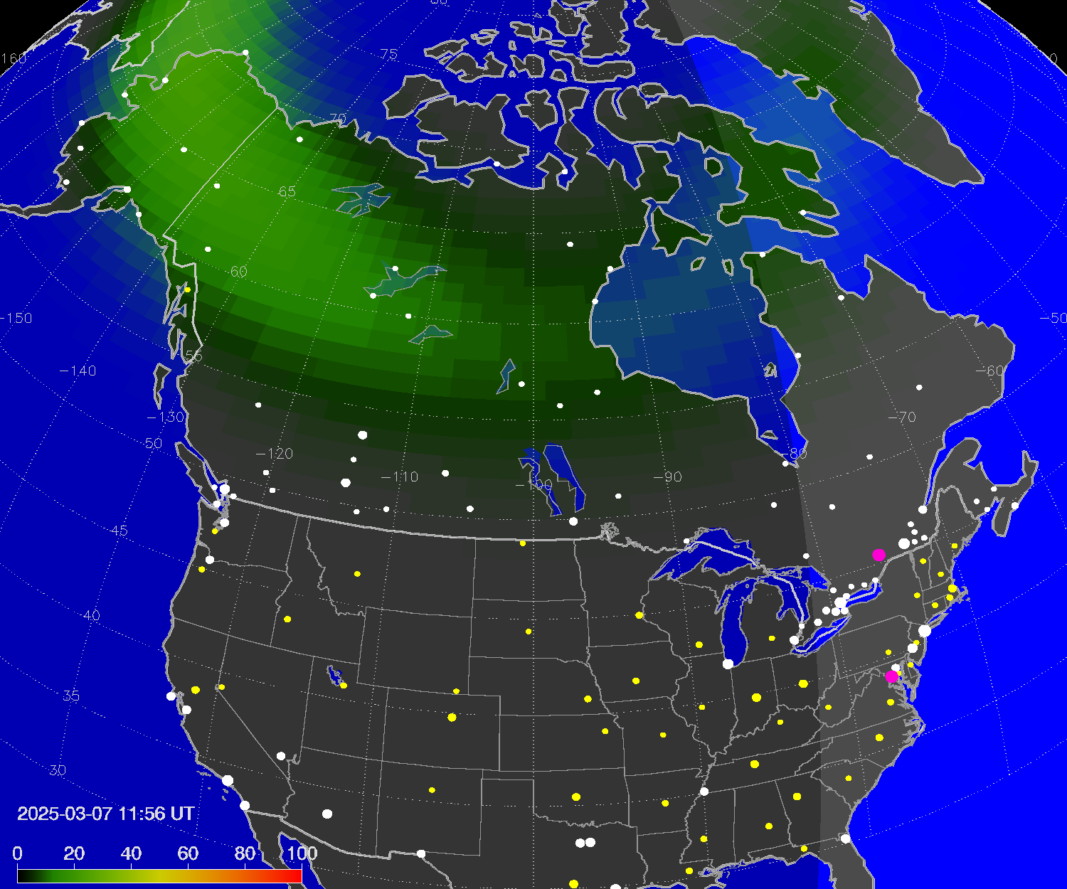 Northern lights (auroras) over North America