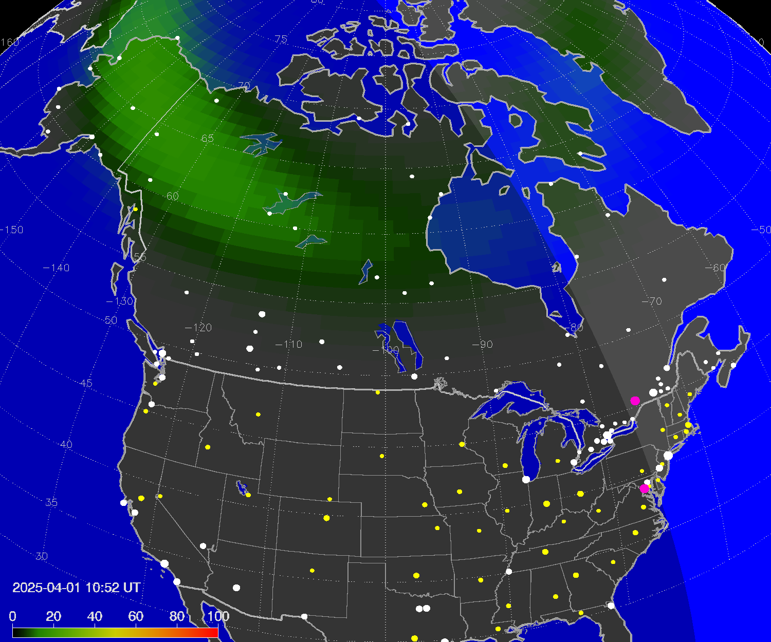 Northern lights (auroras) over North America