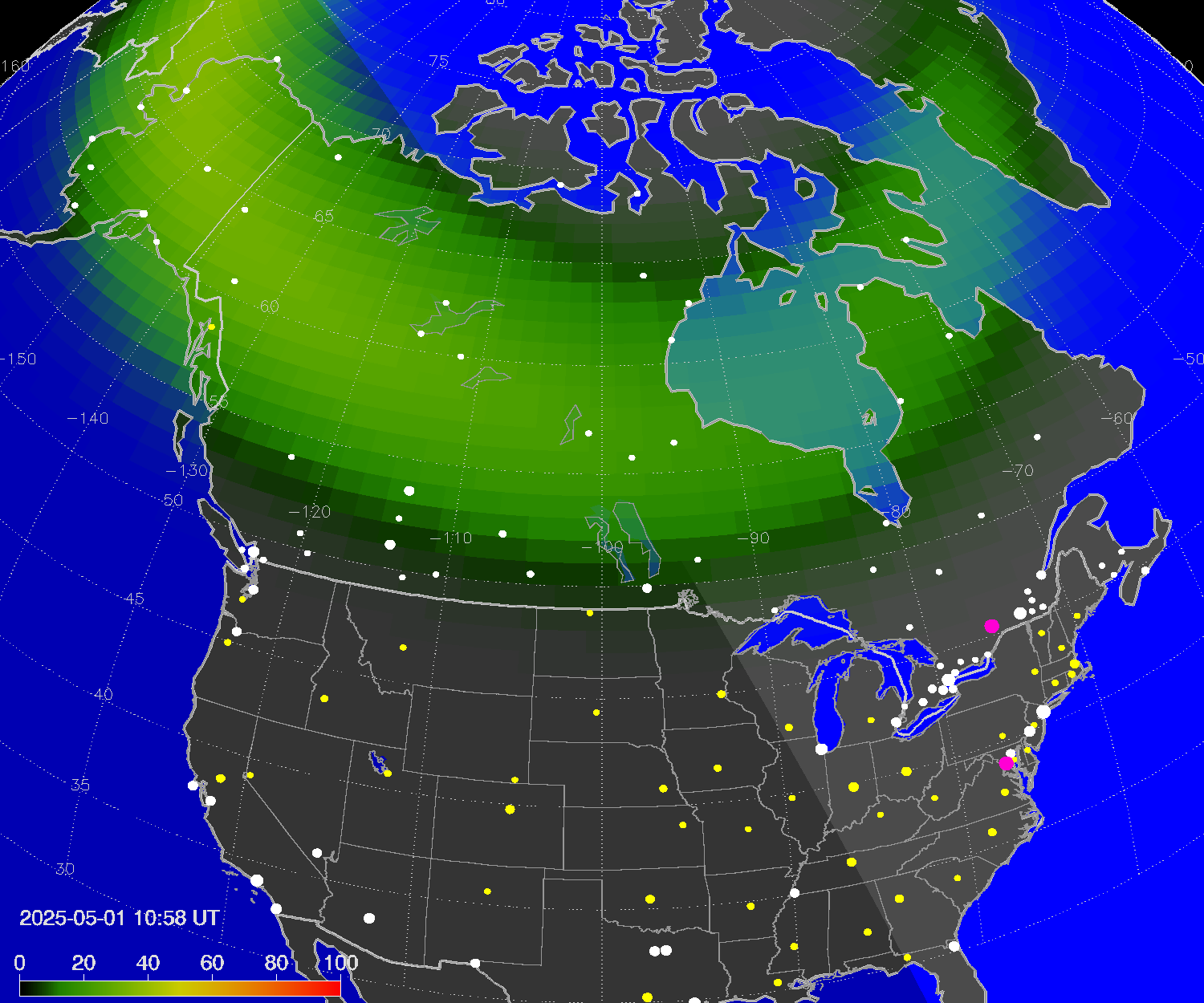 Northern lights (auroras) over North America