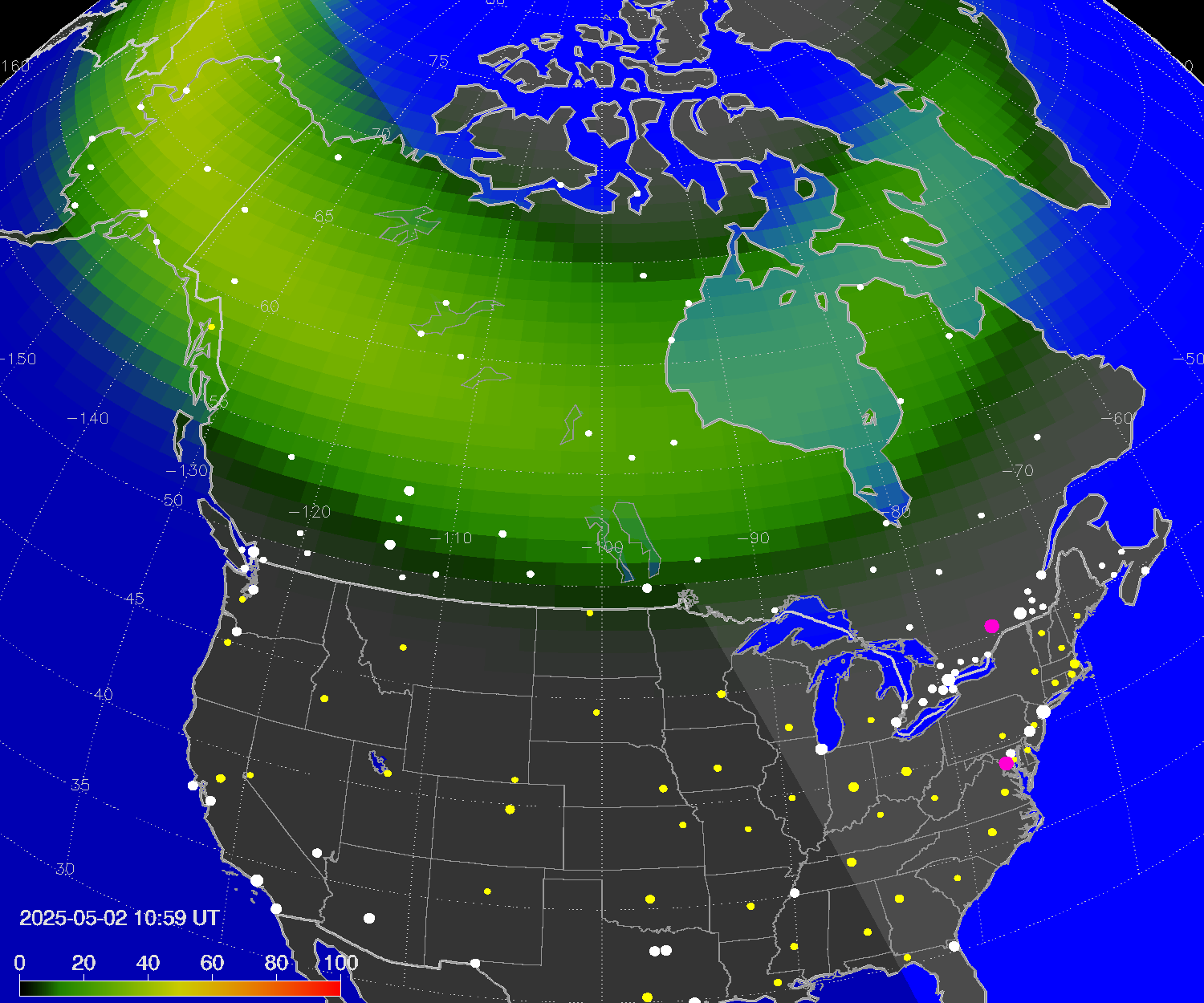 Northern lights (auroras) over North America
