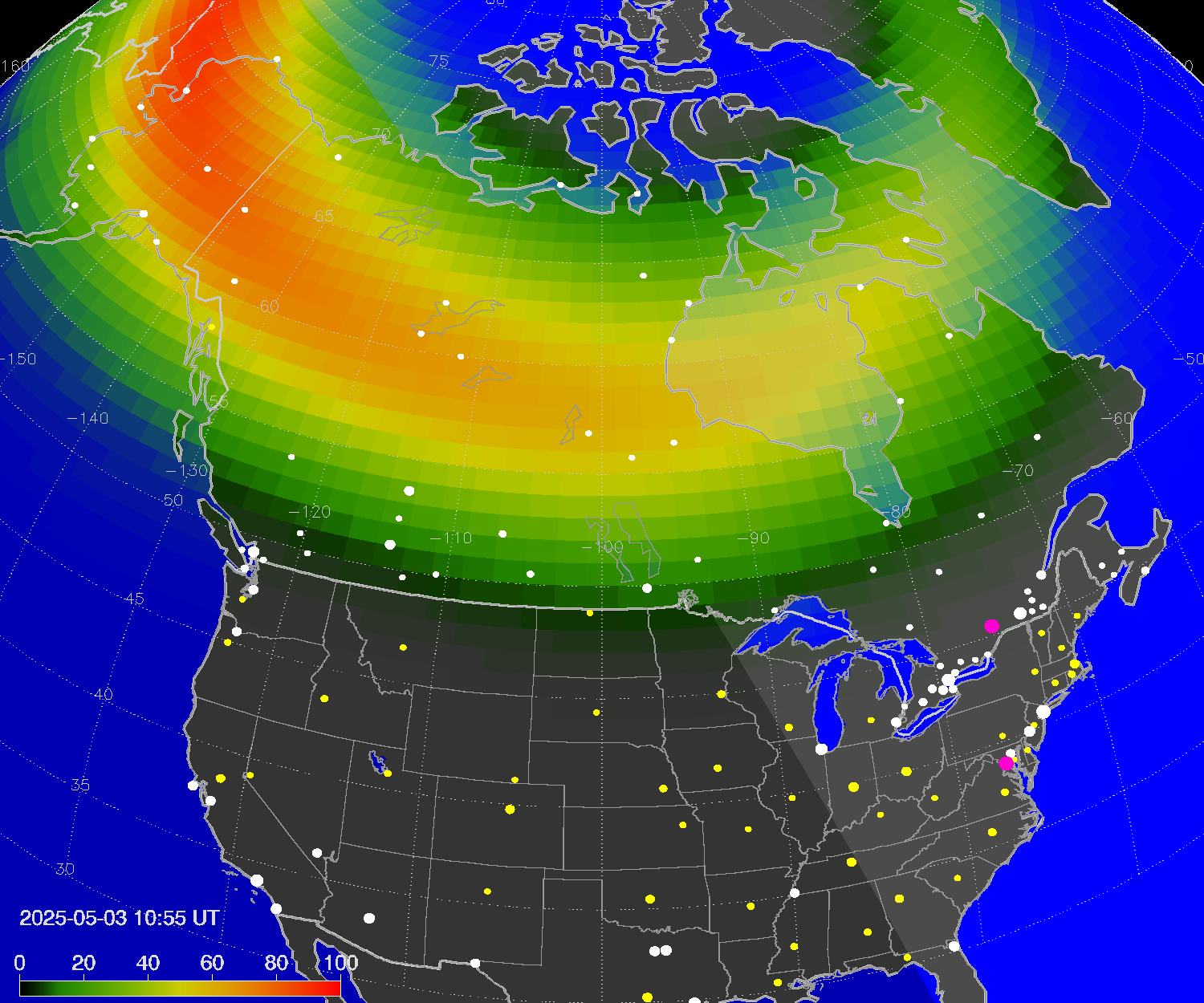 Northern lights (auroras) over North America
