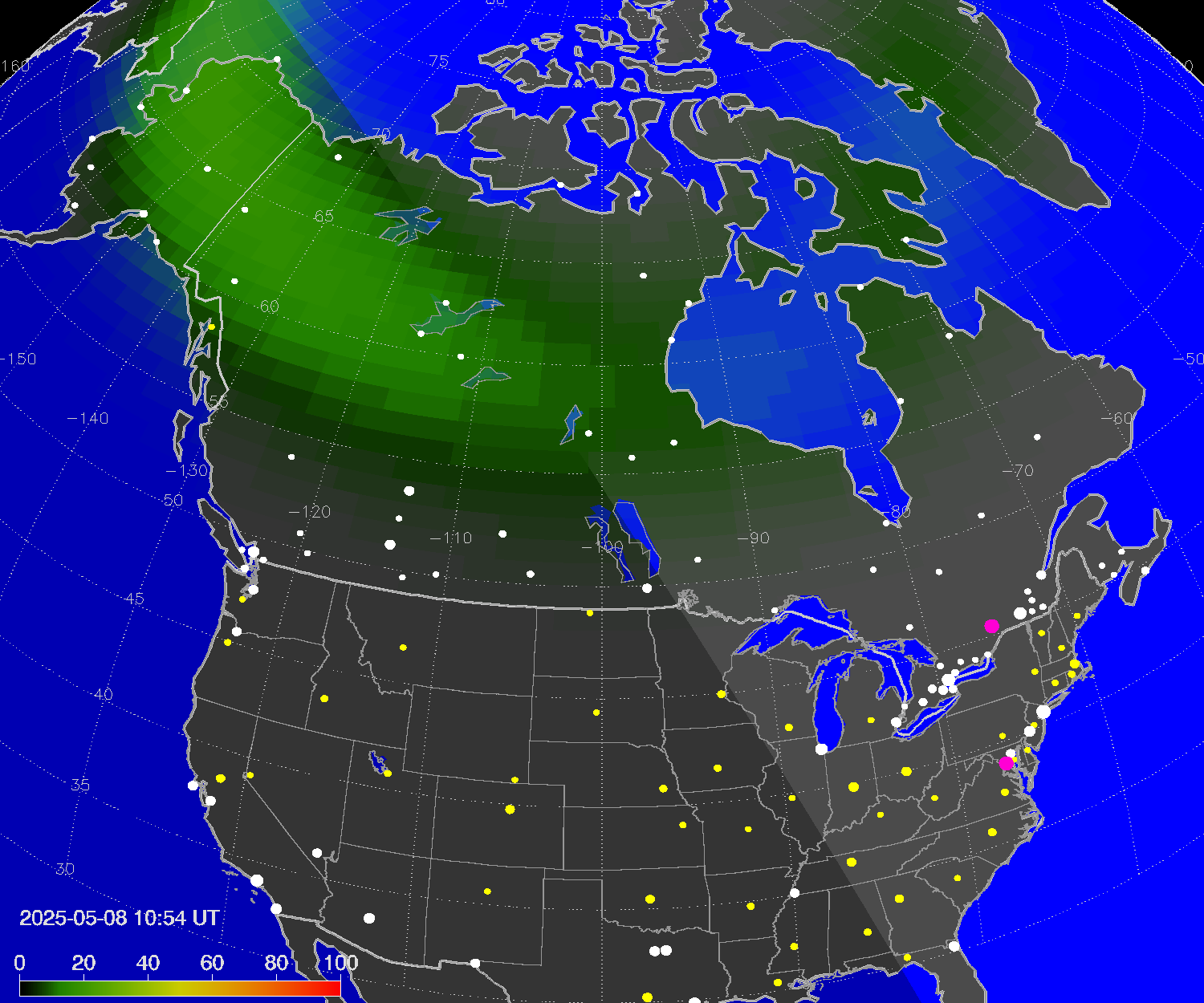 Northern lights (auroras) over North America
