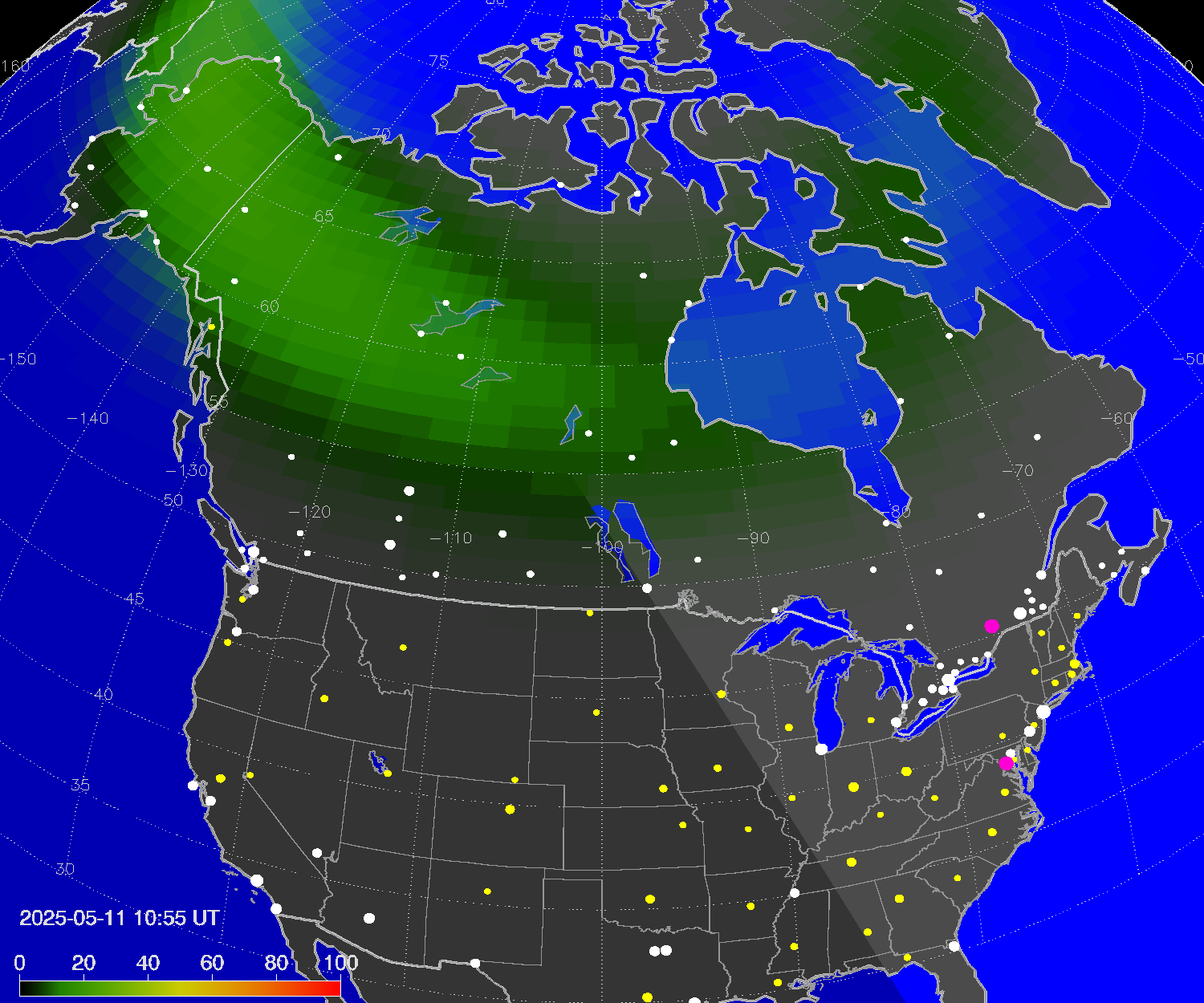 Northern lights (auroras) over North America