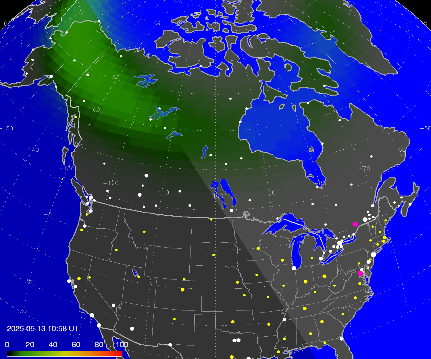 Northern lights (auroras) over North America