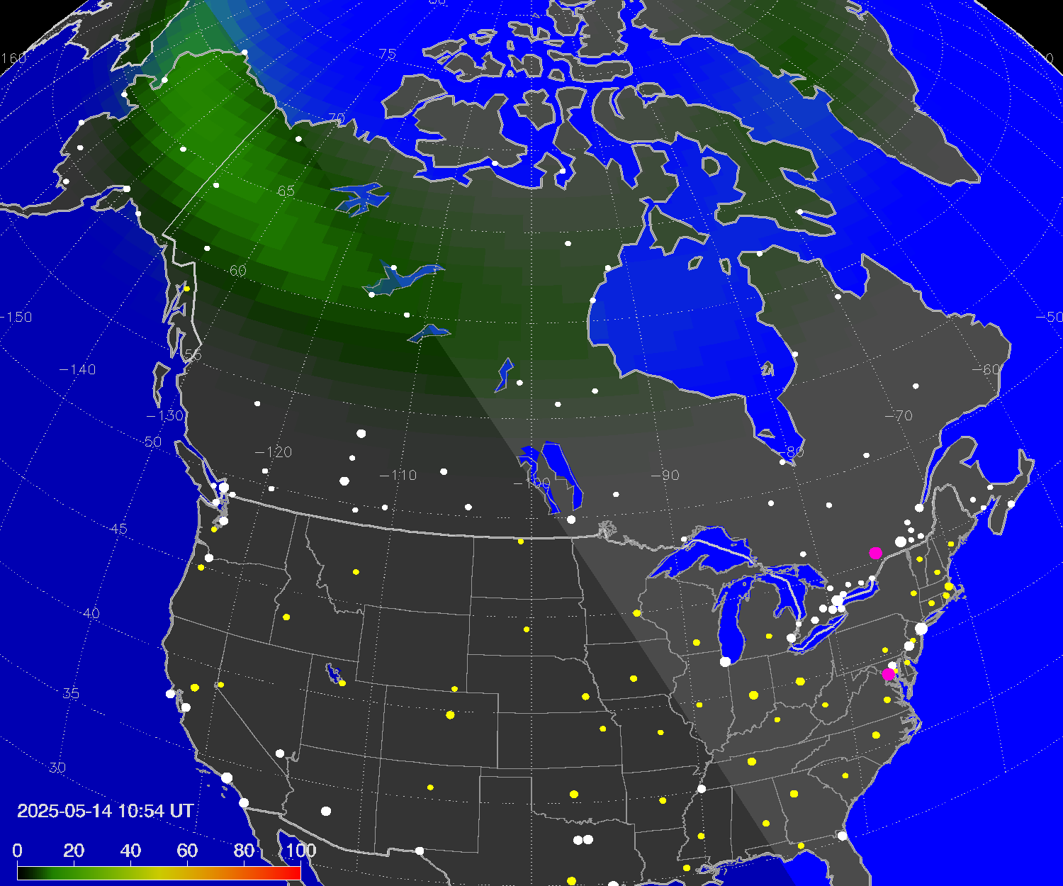 Northern lights (auroras) over North America