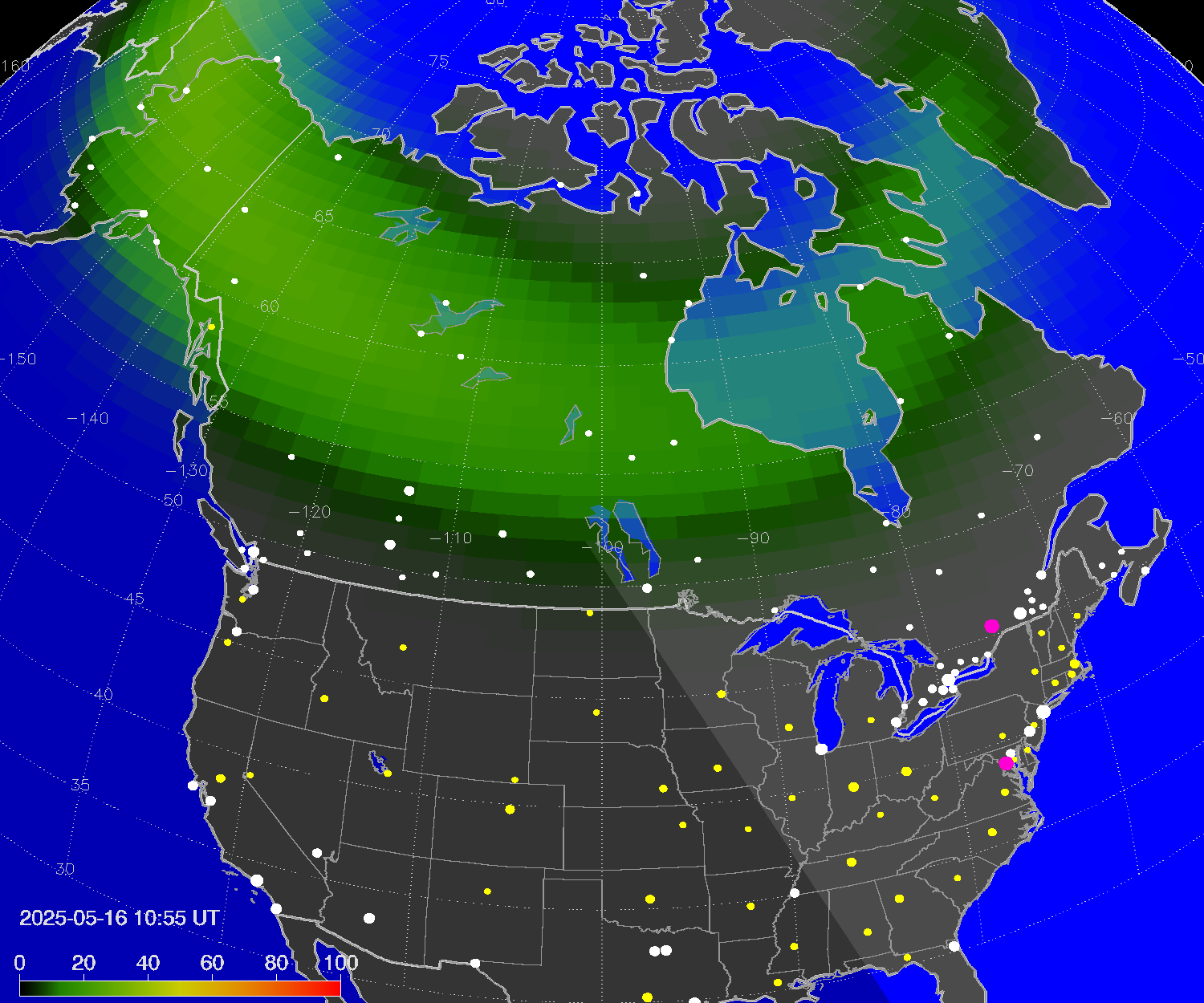 Northern lights (auroras) over North America