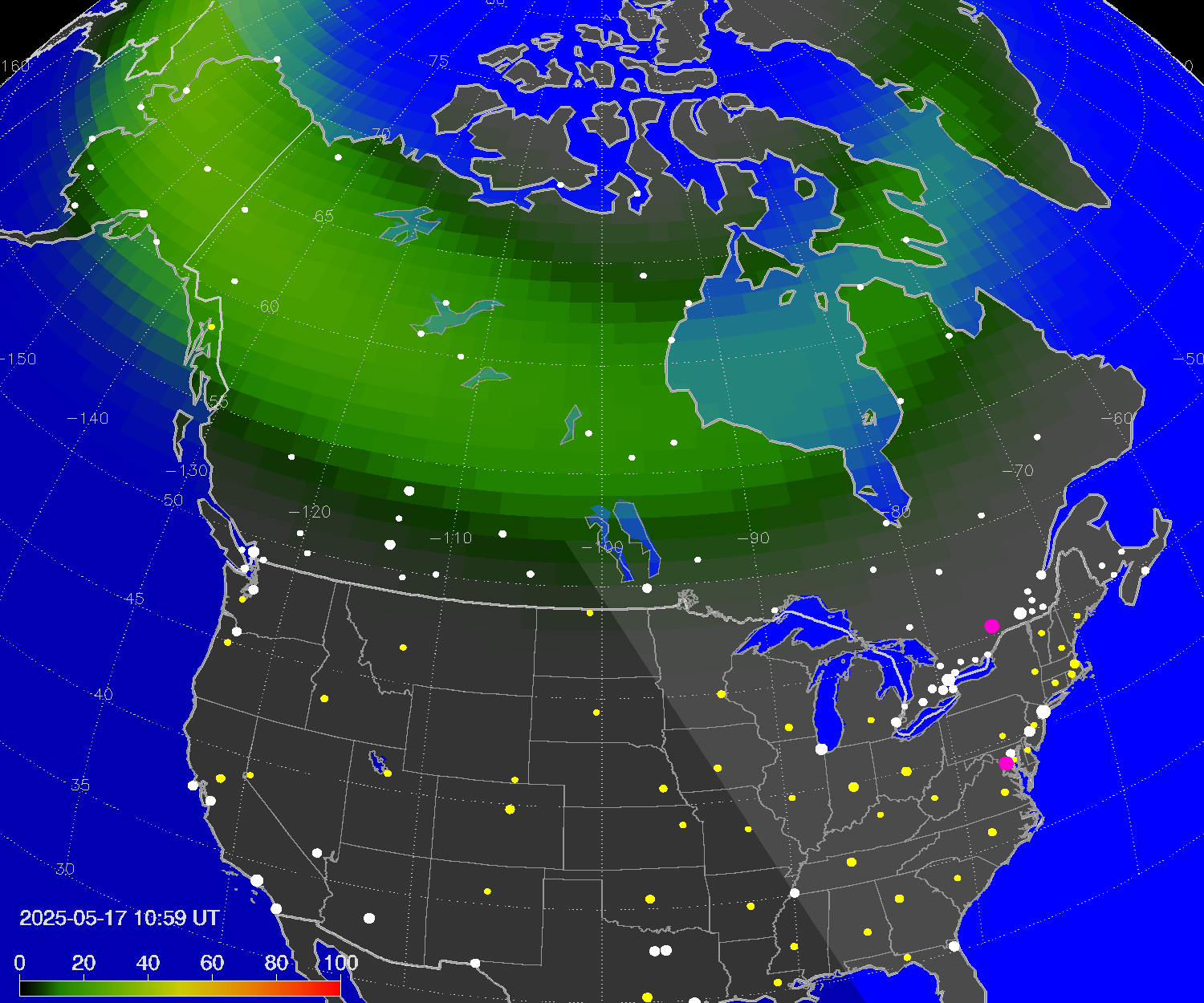 Northern lights (auroras) over North America