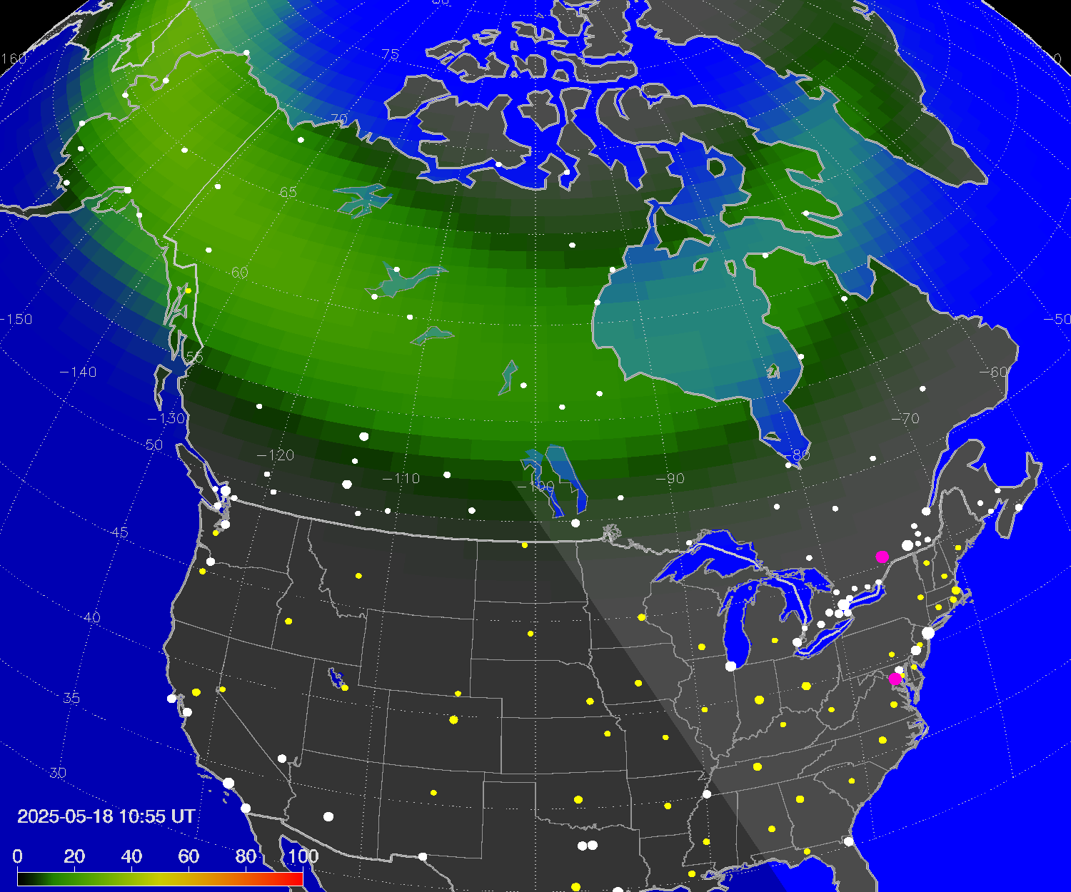 Northern lights (auroras) over North America