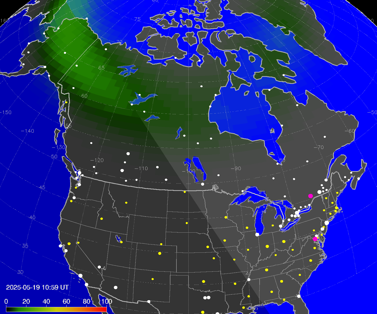 Northern lights (auroras) over North America