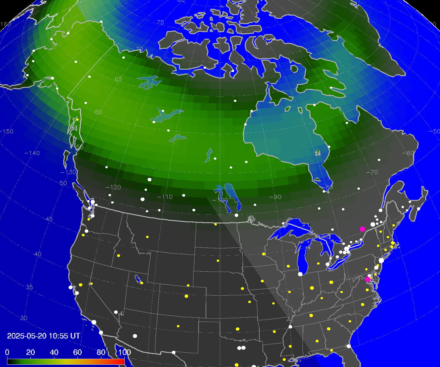 Northern lights (auroras) over North America