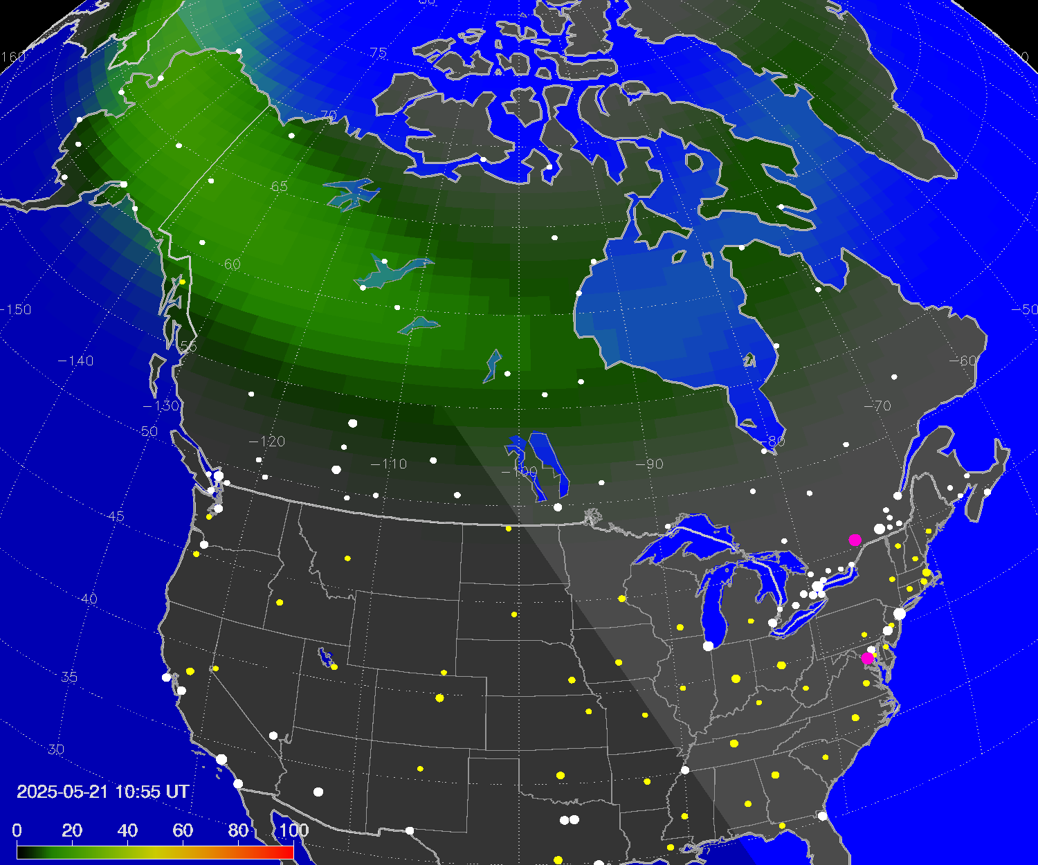 Northern lights (auroras) over North America