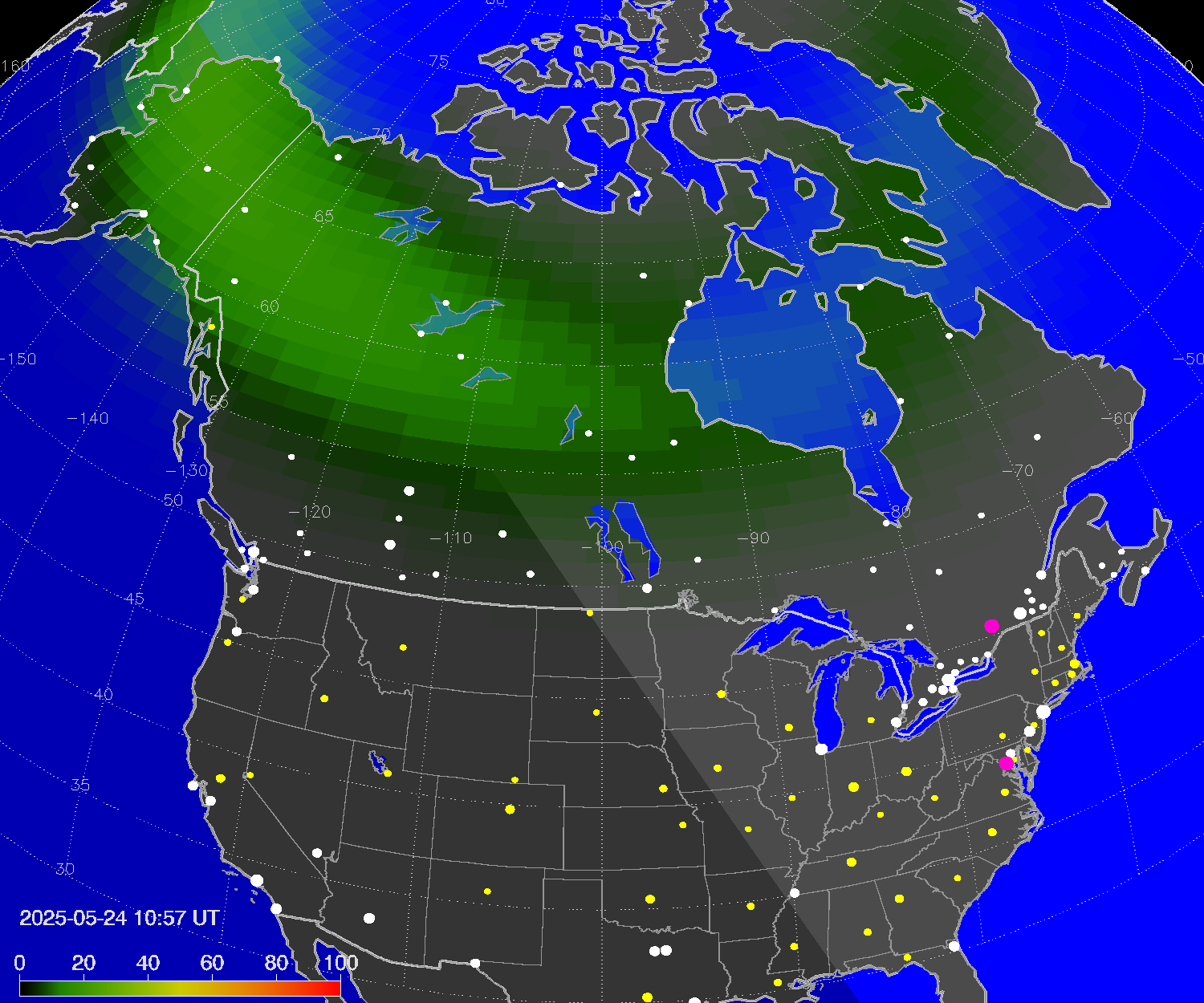 Northern lights (auroras) over North America
