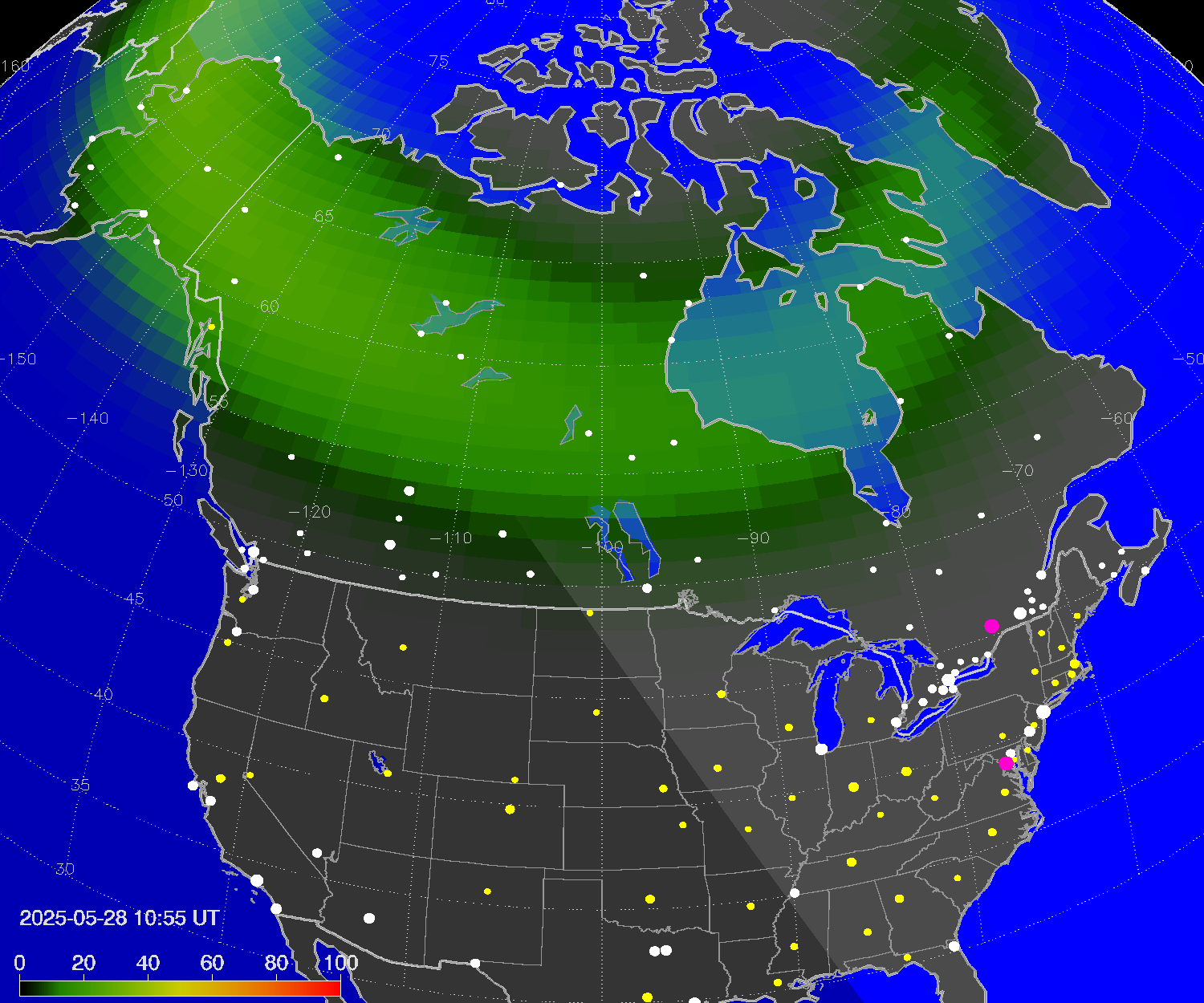 Northern lights (auroras) over North America