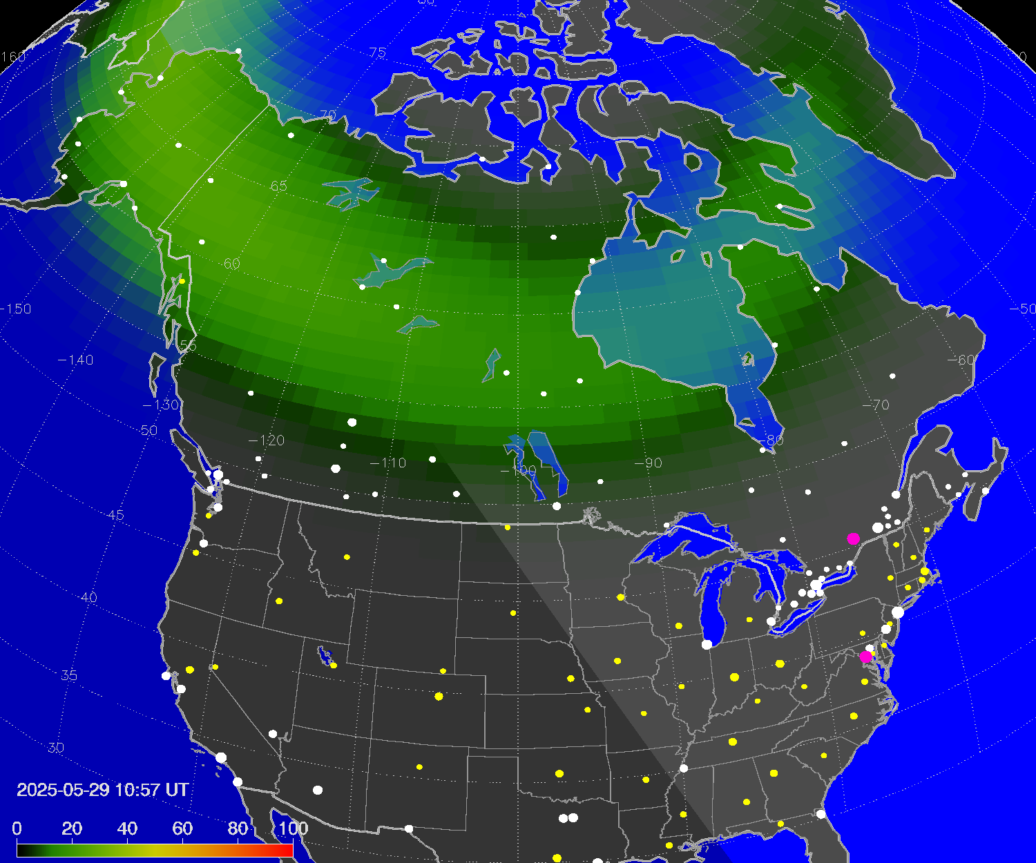 Northern lights (auroras) over North America
